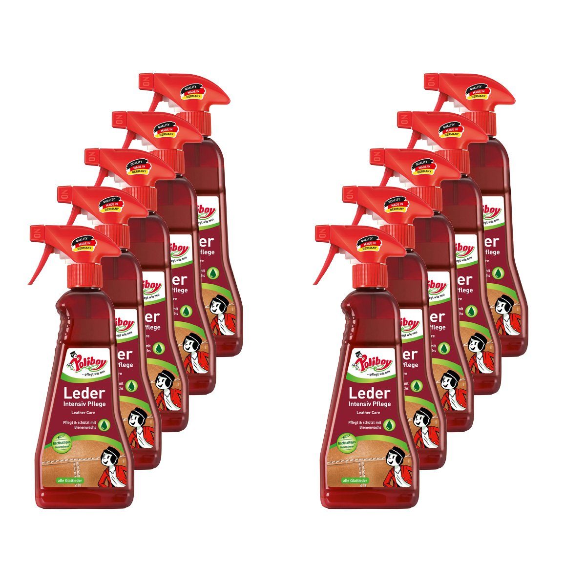 poliboy Leder Intensiv Pflege - reinigt, pflegt und schützt - 10x375ml Lederreiniger (für alle glatten und genarbten Leder - Made in Germany)