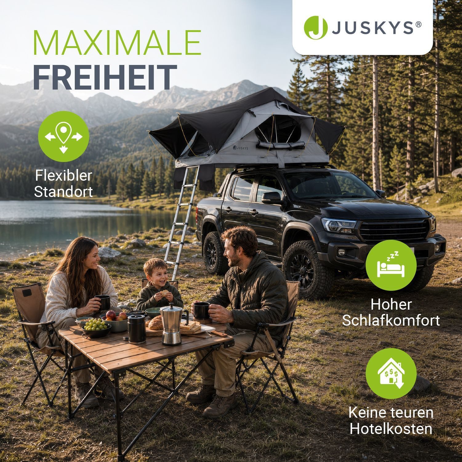 Juskys Dachzelt Lago, Wasserdicht, Teleskopleiter, 2 Personen Zelt, LED Beleuchtung