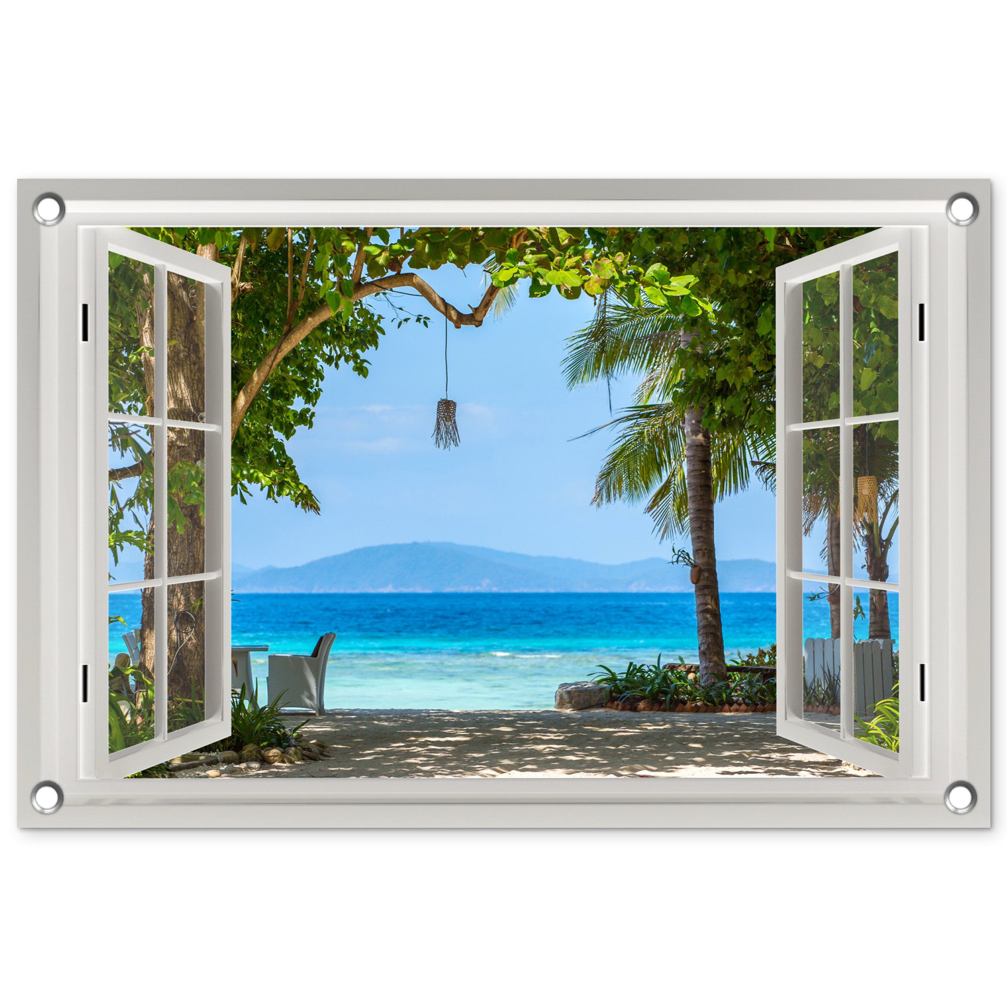 OnlyWow Poster für Garten Aussicht - Baum - Meer - Palme - Hügel - Strand - Blau, Gartenposter, Outdoor Bilder, Gartendekoration Bild, 60x40 cm
