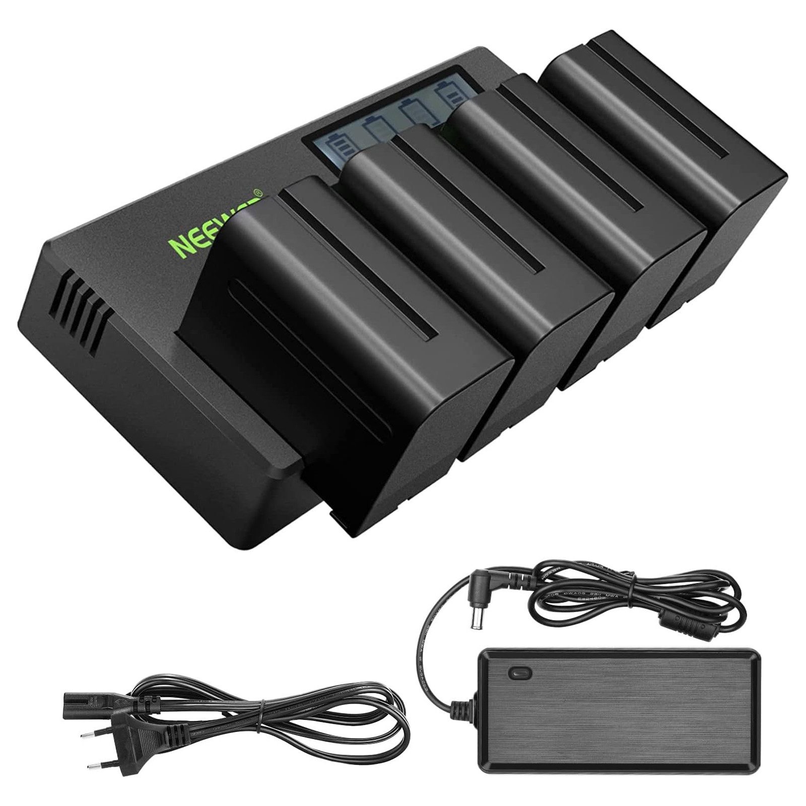 Neewer NP-F970 4er Pack 7,4V 6600mAh Ersatzbatterien, für Feldmonitor Kamera-Akku 6600 mAh, mit 4 Kanaligem Ladegerät und Netzteil, für NP-F970 QM71D Videoleuchte