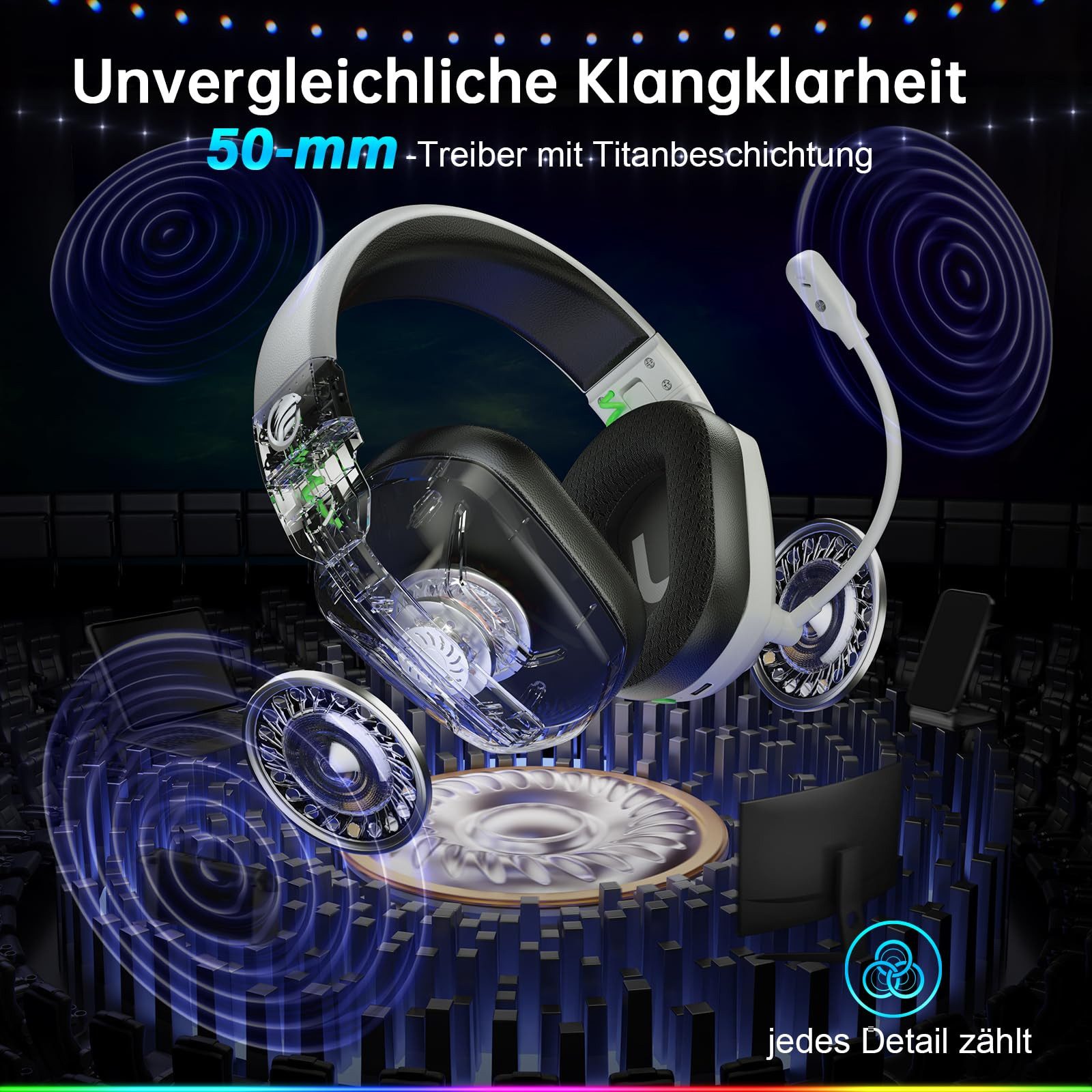 Fachixy Mikrofon, 2,4G Wireless Bluetooth Kopfhörer kabellos LED Licht Gaming-Headset (ENC-Rauschunterdrückung, Stummschaltung, LED-Beleuchtung, Game- und Musikmodus, faltbar, Bluetooth und 2,4G Wireless, 2,4 GHz, mit Surround Sound Faltbarer Bluetooth LED Licht Über 50H+Akkulaufzeit)