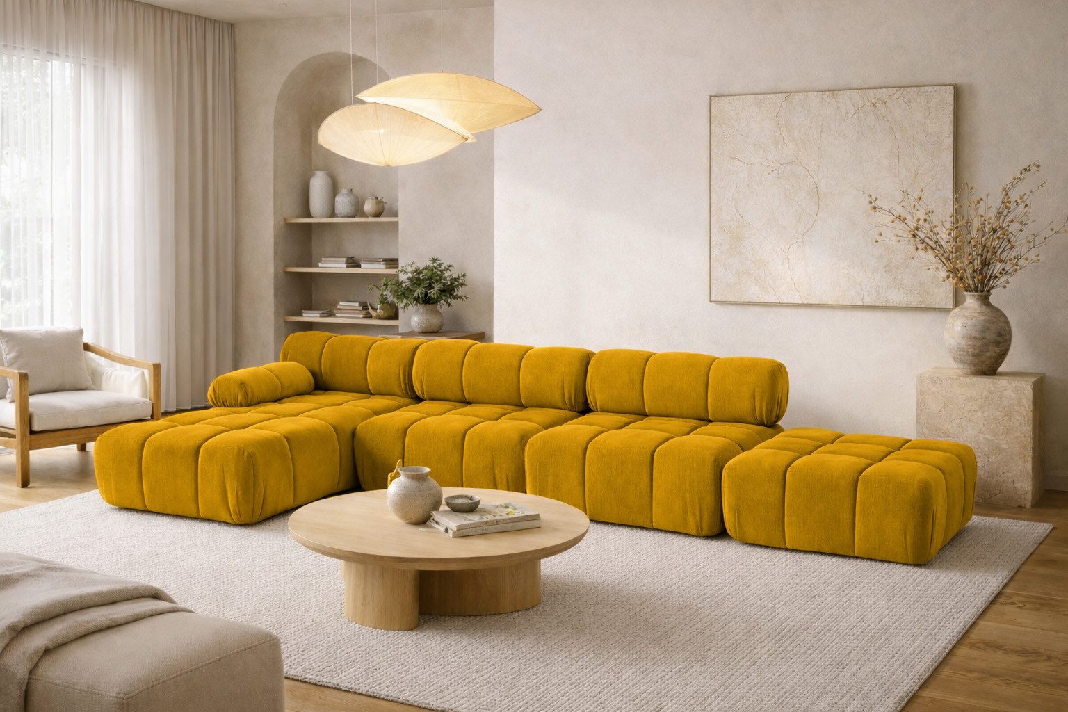 Kaiser Möbel Ecksofa XL mit Pouf modern für Wohnzimmer, Stoff Velours Salvador, SELIA, Ecksofa mit Pouf, modulares System,abgerundete Form