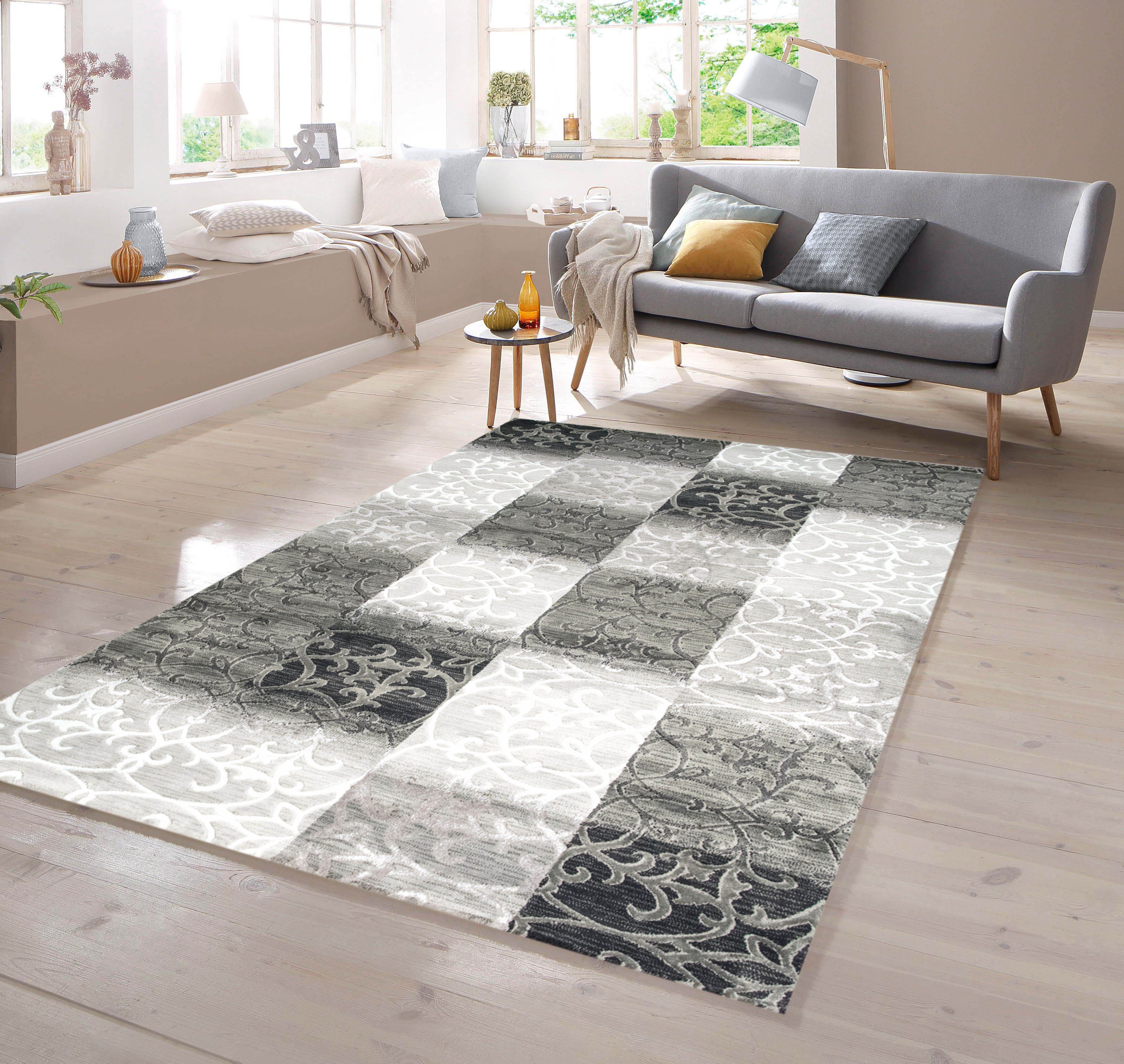 Teppich Designer Teppich mit Konturenschnitt Karo Muster Schwarz Weiß Grau, TeppichHome24, rechteckig