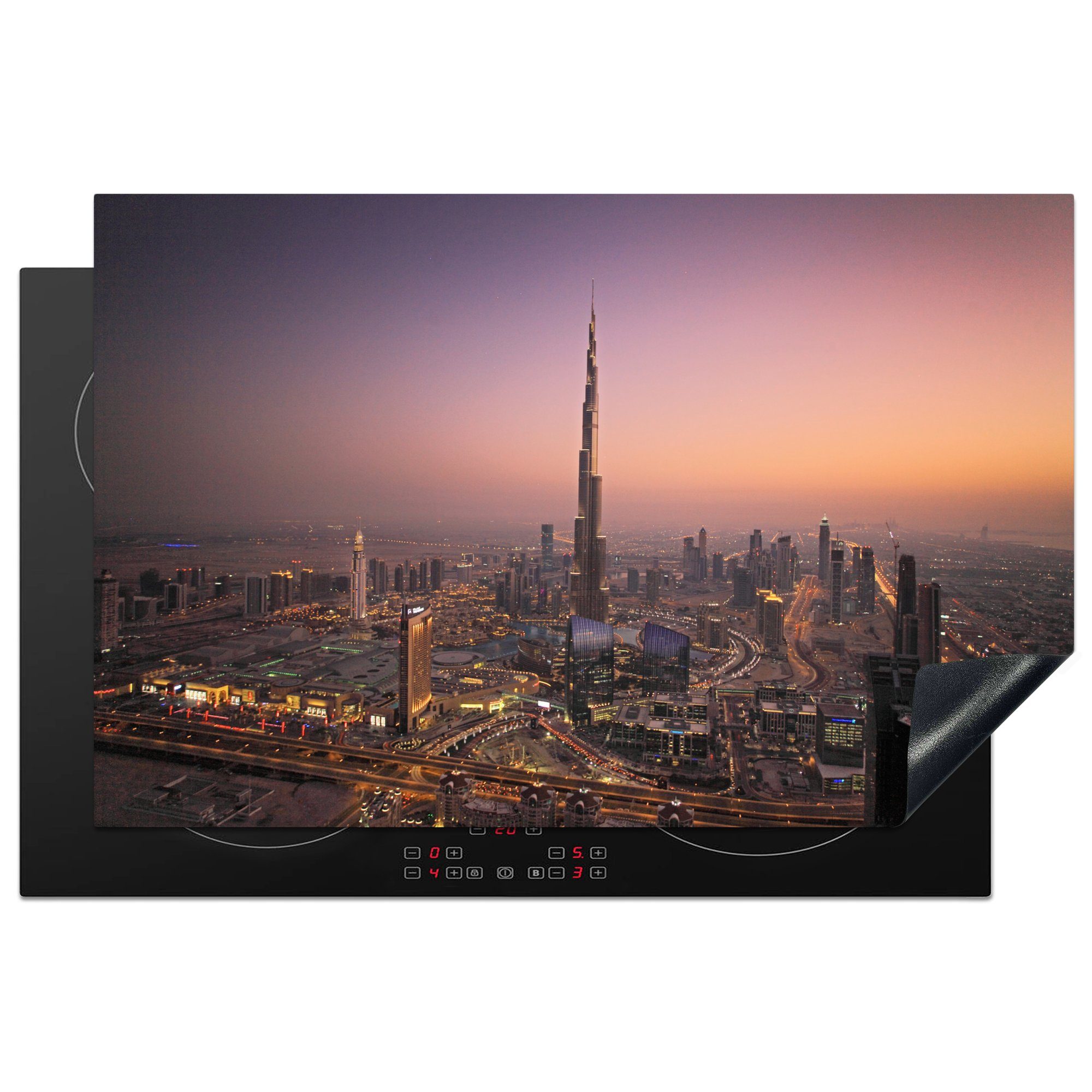 (1 Herdblende-/Abdeckplatte für 81x52 Schutz cm, küche, Ceranfeldabdeckung Dubai, Sonnenuntergang Induktionskochfeld über Vinyl, die tlg), MuchoWow