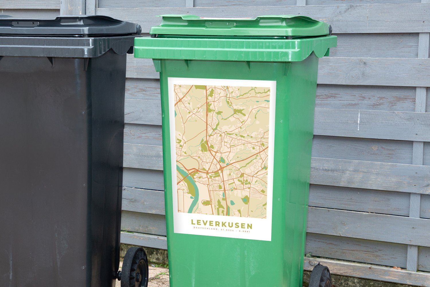 MuchoWow Wandsticker Stadtplan Container, (1 Mülleimer-aufkleber, Leverkusen - Mülltonne, Vintage - Karte - St), Abfalbehälter Sticker