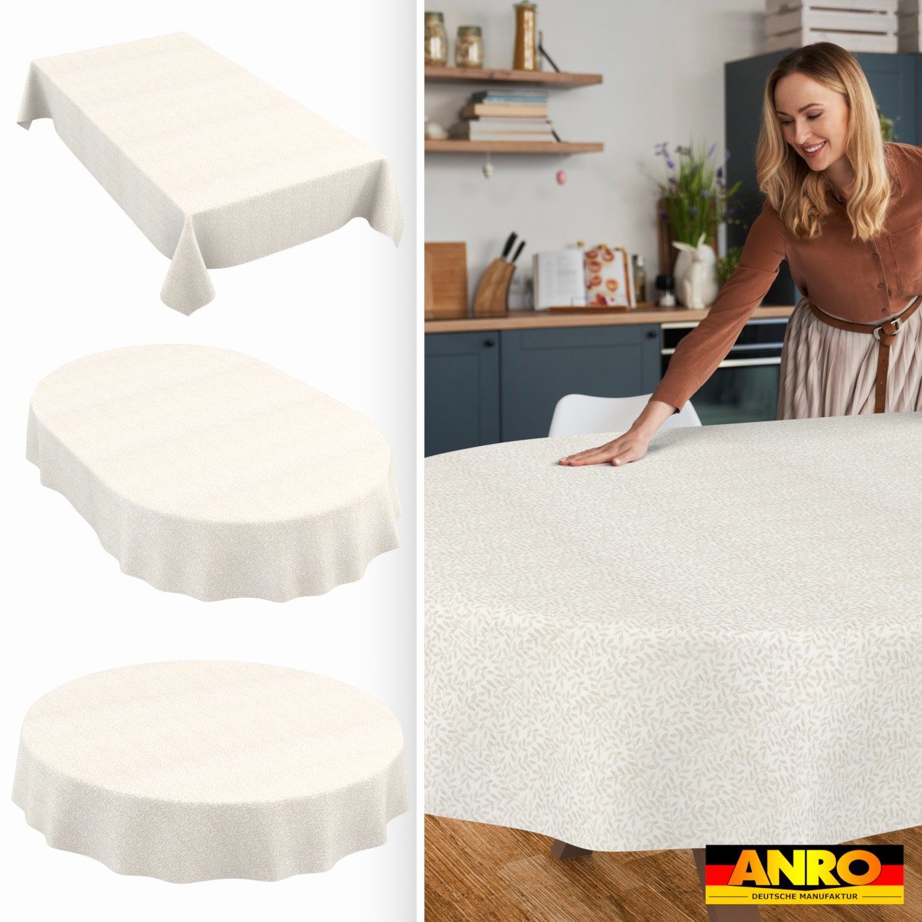 ANRO Tischdecke abwaschbar Barcelona Stoff Hochwertig Blätter Natur Boho (Einzelstück 1-tlg), Stoff schmutzabweisend 160x140cm Blätter Beige