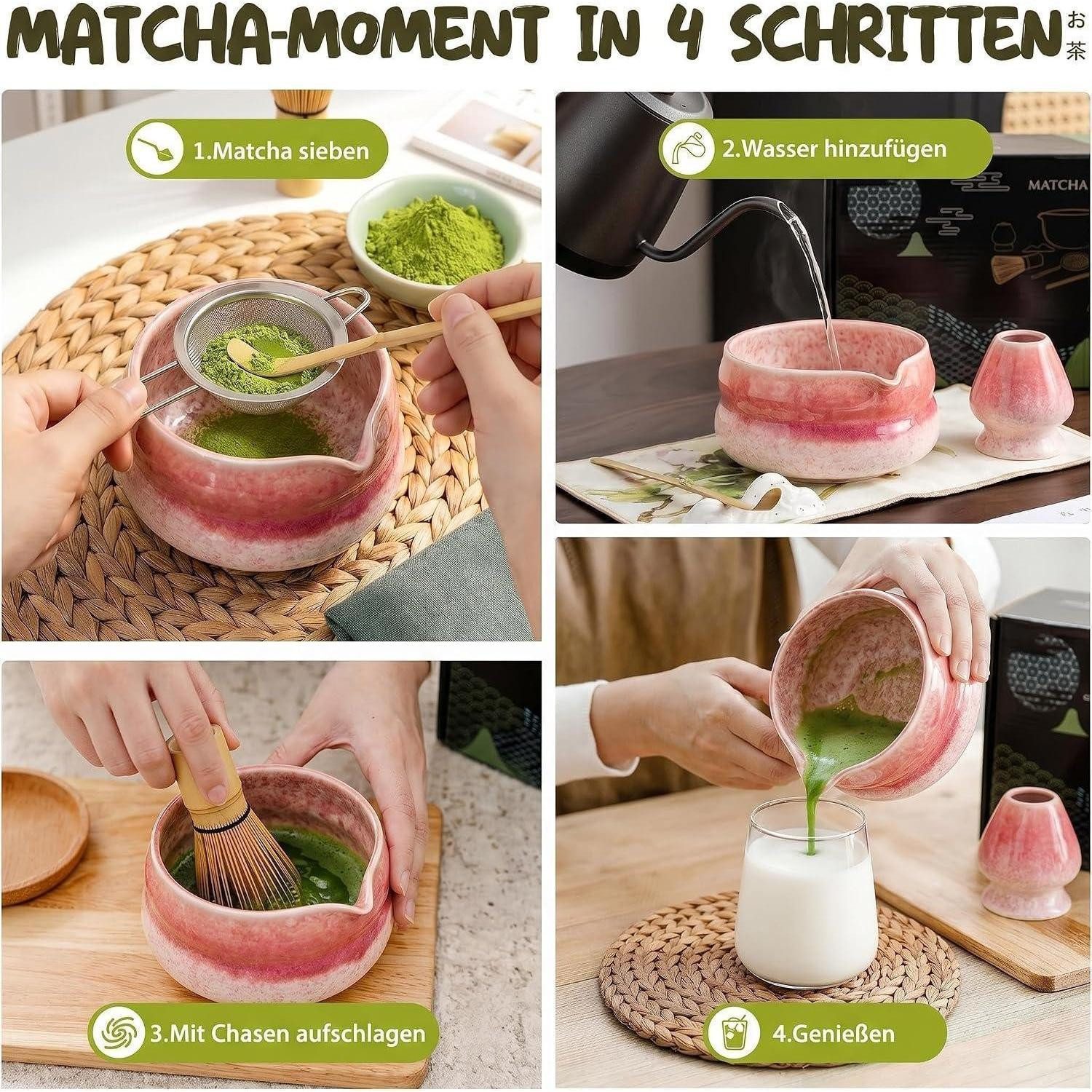 LuxusKollektion Teeschale Matcha Set 8-teilig Keramikschale Bambusbesen Rosa, Keramik – Bild 5 von 5
