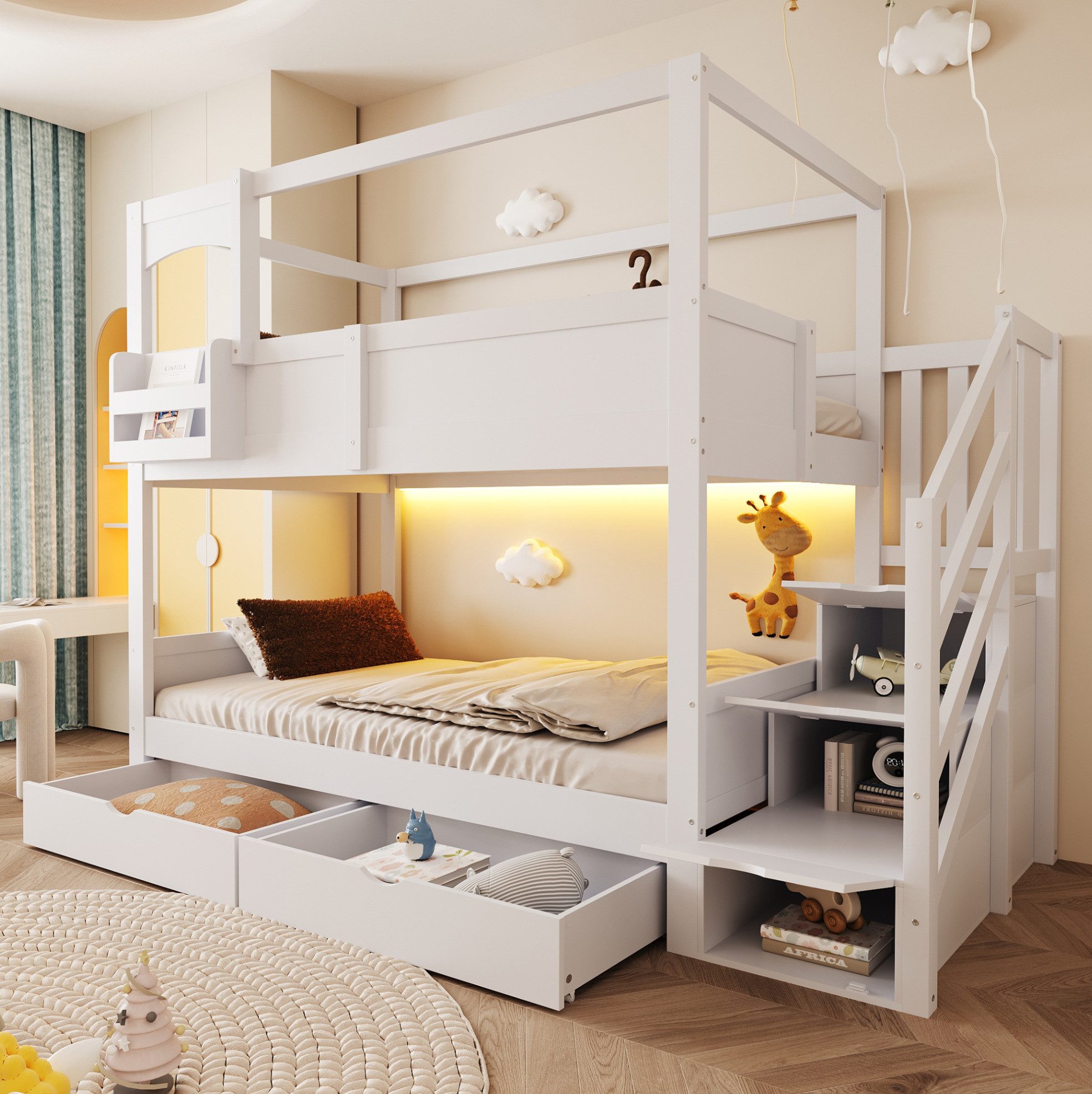 MODFU Etagenbett Jugendbett mit praktischen Staufächern, Gästebett (Kinderbett 90x200 cm, integrierter Kreidetafel, sicherer Leiter und Schubladen, Funktionsbett Holzbett), ohne Matratze