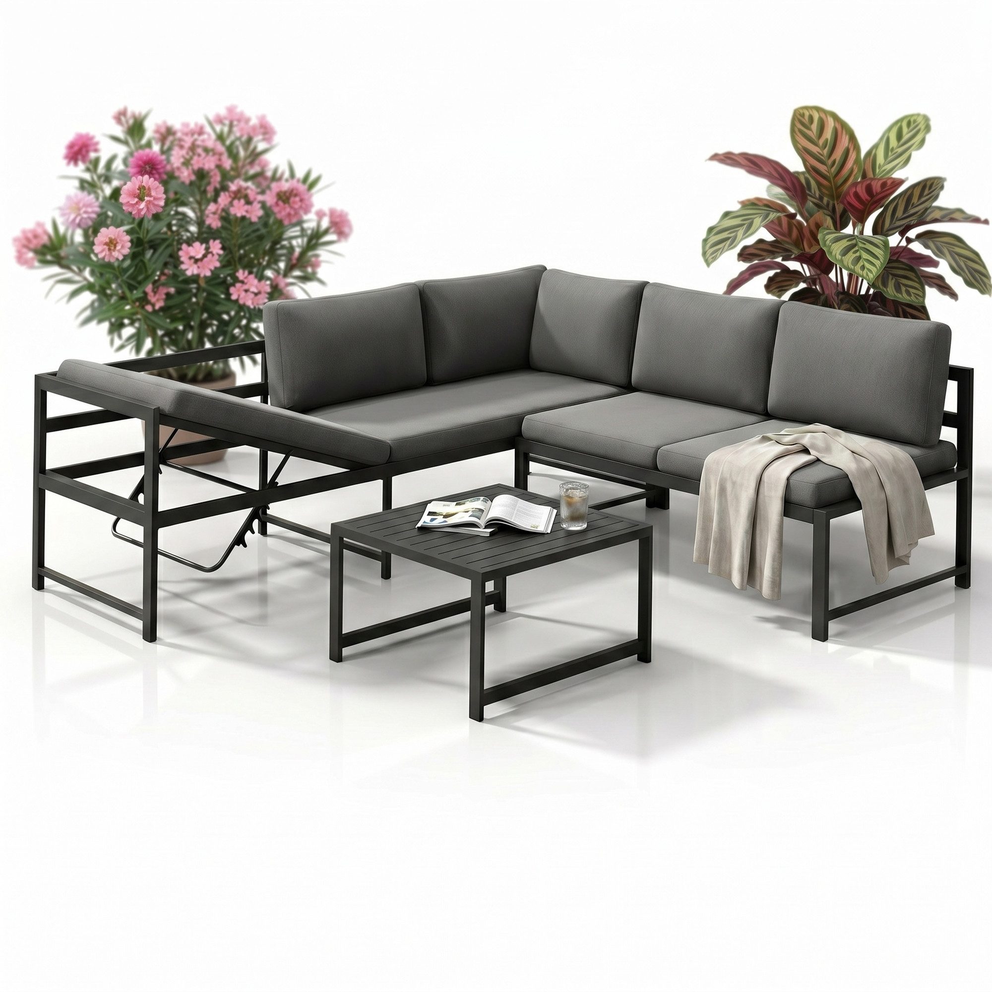 Mucola Gartenlounge-Set Ecksofa Aluminium mit Liegefunktion & Loungetisch wetterfest, (Gartenlounge-Set, 3-tlg., 3-teiliges Gartenlounge-Set), verstellbare Sitzfläche, Liegefunktion, Aluminiumgestell