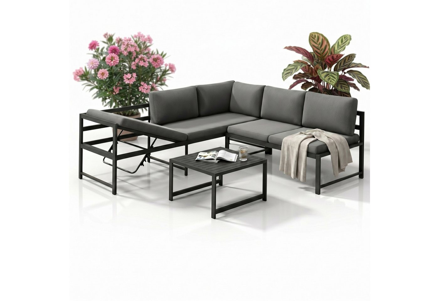 Mucola Gartenlounge-Set Ecksofa Aluminium mit Liegefunktion & Loungetisch wetterfest, (Gartenlounge-Set, 3-tlg., 3-teiliges Gartenlounge-Set), verstellbare Sitzfläche, Liegefunktion, Aluminiumgestell