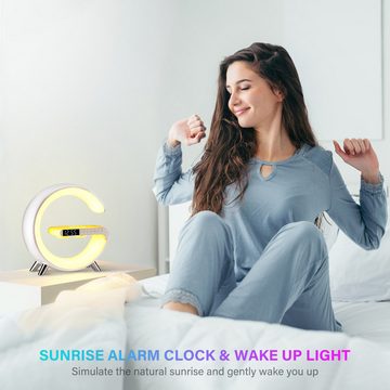 BlingBin LED Nachttischlampe Sonnenaufgang Aufwecklicht,Lichtwecker, 15W Kabelloses Schnellladen, 360° Rundum-Sound Lautsprecher