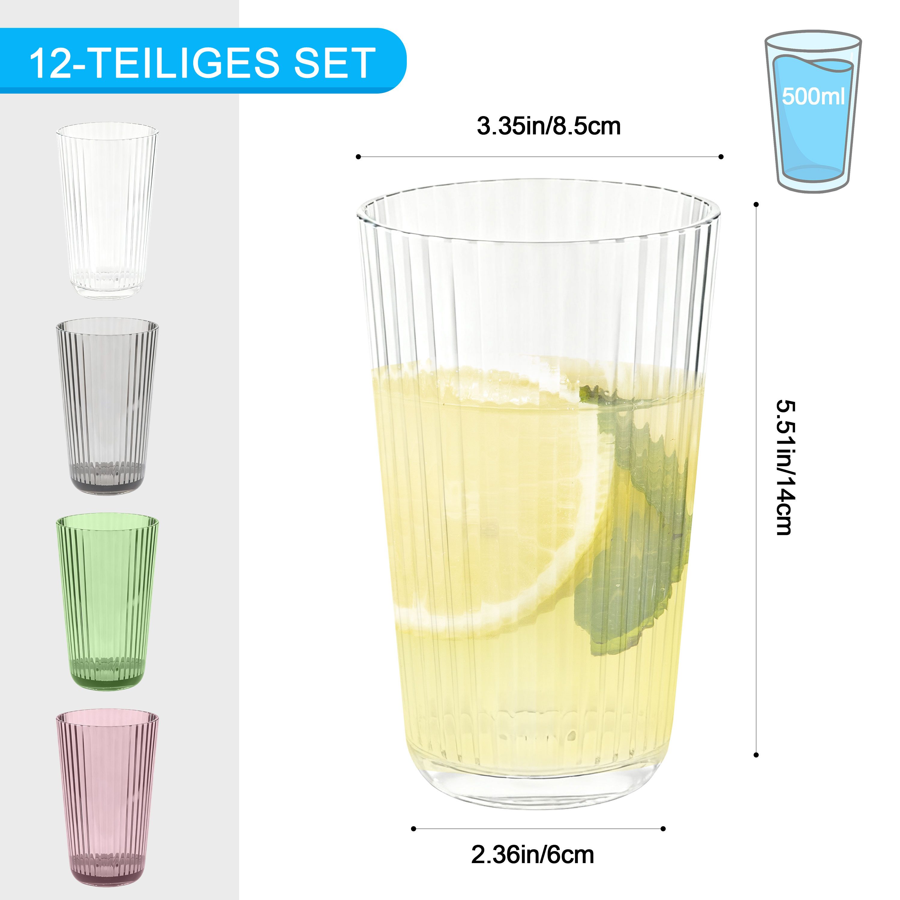 Ribelli Gläser-Set 12er Set Trinkgläser aus Kunststoff, 300/500ml Plastik Wassergläser, für Party, Camping, Familie