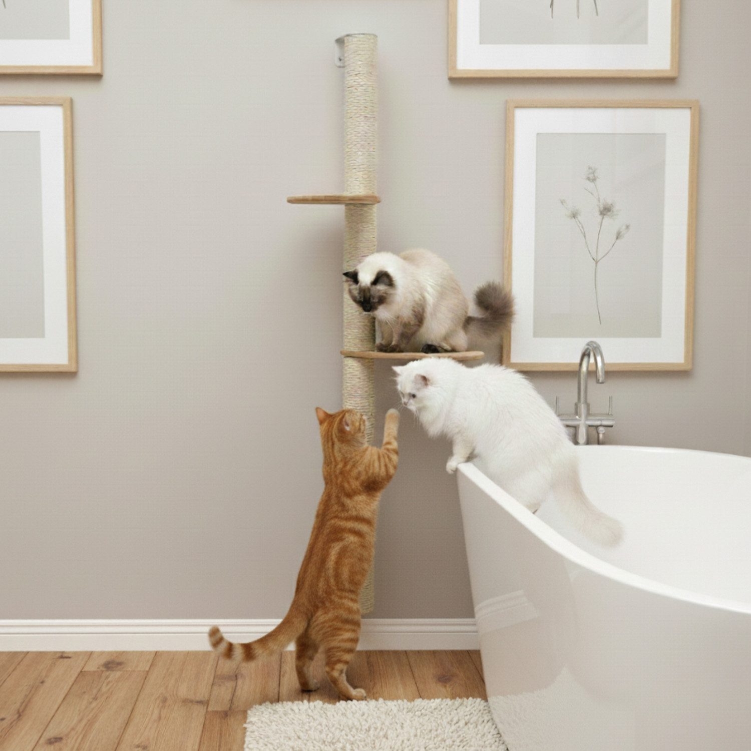 eyepower Kratzbaum zur Wandmontage-132 cm Wandkratzbaum für Katzen mit 2 Bambus Plateaus, Sistammstamm Wand - Katzenkratzbaum platzsparend - Kletterwand Katze