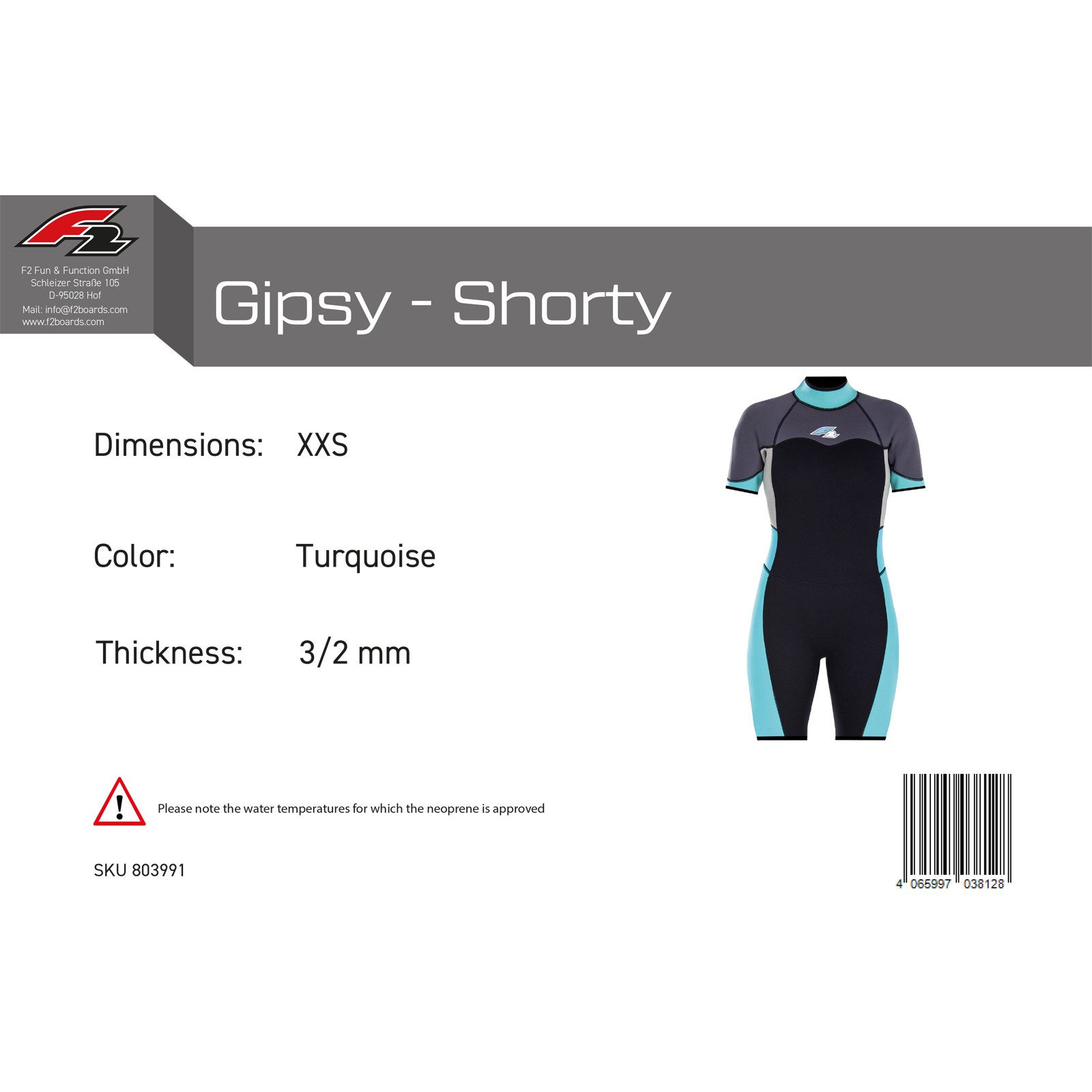 F2 Neoprenanzug F2 Damen Neopren Anzug Gipsy - Shorty 3/2 mm XXS Türkis 2024/25