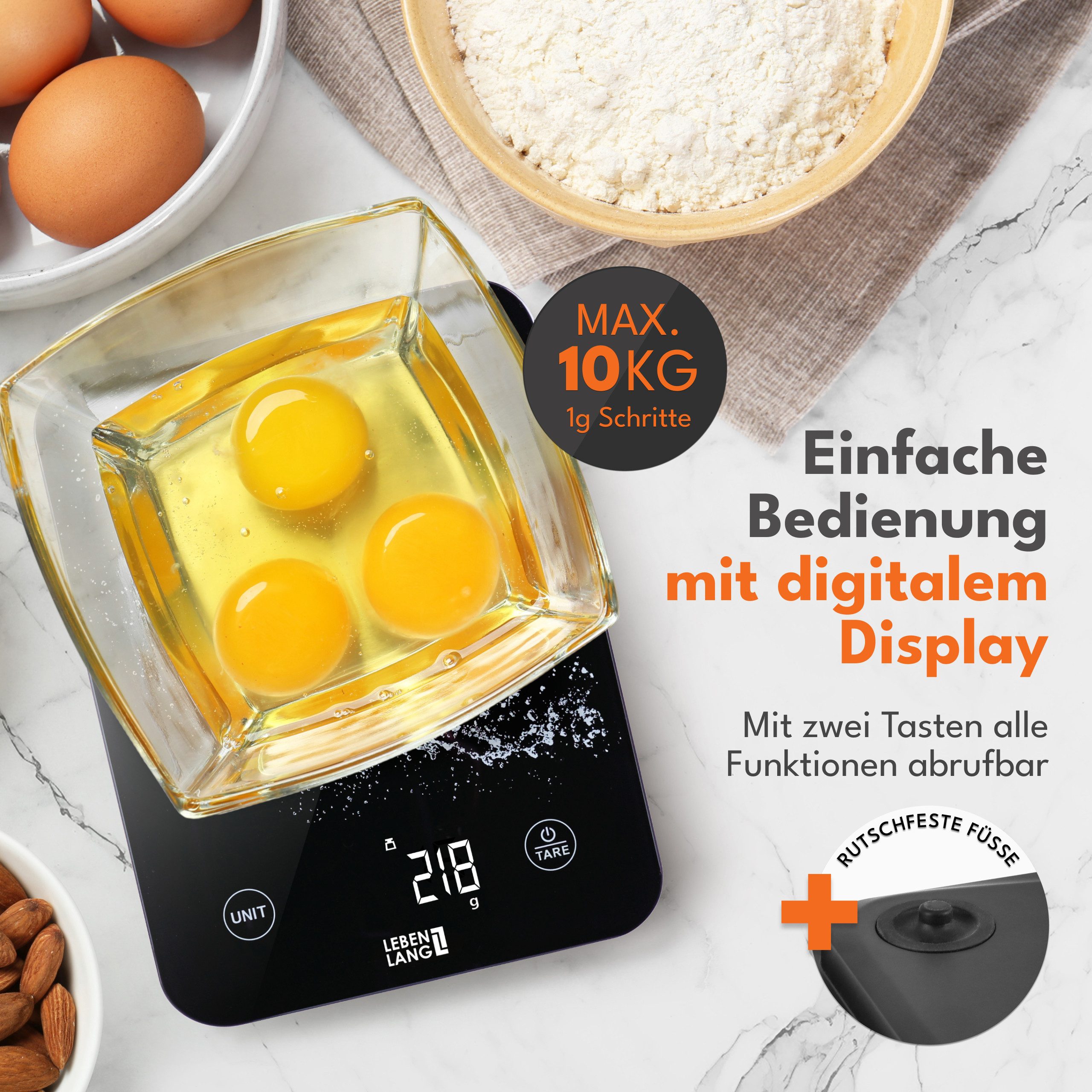 Lebenlang Küchenwaage Digitale Küchenwaage - Wasserfest - Bis 10kg & 1gr Schritte - Mit USB, Tara-Funktion, Gängige Messeinheiten, Akkubetrieb, perfektes Abwieg – Bild 4 von 5
