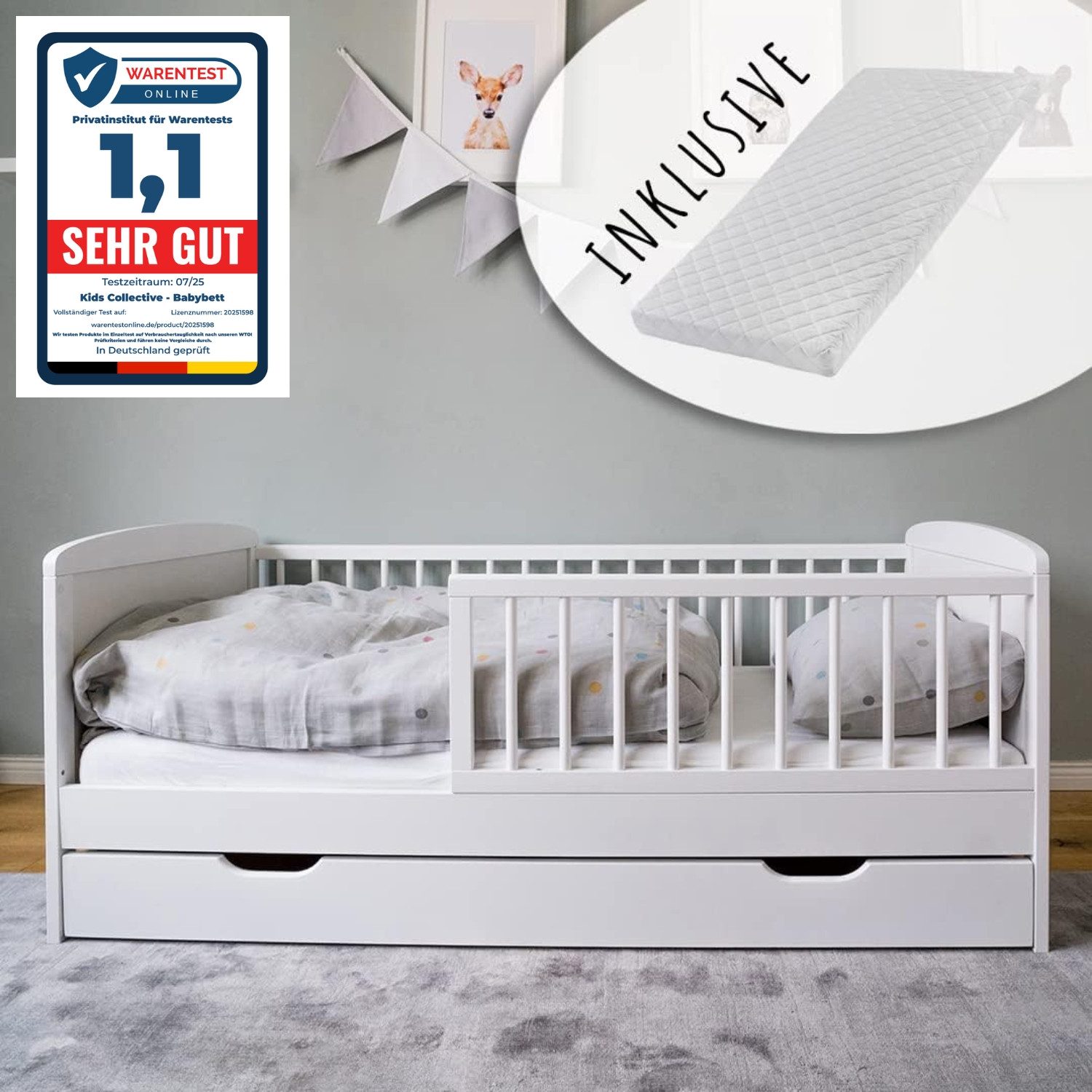 Kids Collective Kinderbett 70x140 cm mit Schublade, Lattenrost und Rausfallschutz in weiß, mit Bettkasten, Junior-Bett bis zum 6. Lebensjahr, mit Matratze