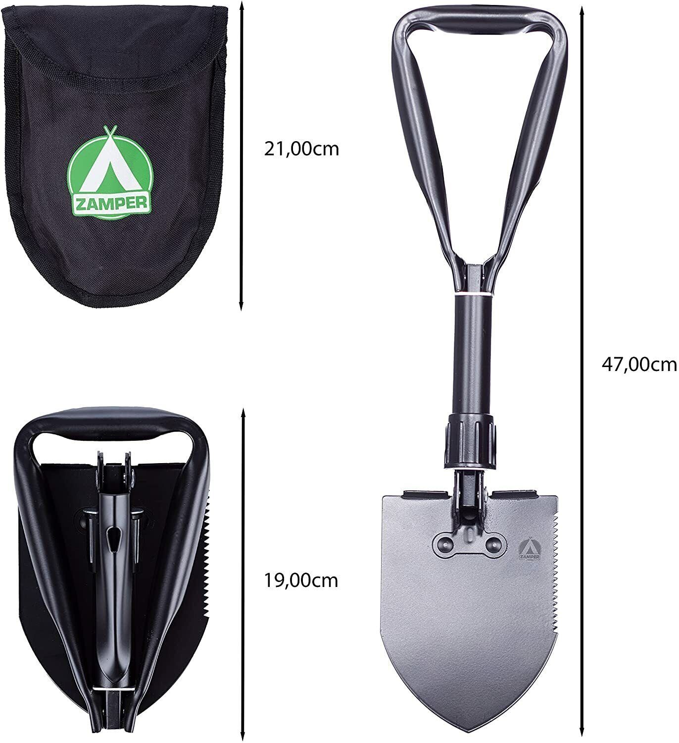 Zamper Spaten Klappspaten mit Tasche - für Outdoor Camping Survival Trekking, (Set mit Spaten und praktischer Transporttasche), Multifunktions-Klappspaten mit Spitzhacke und Säge