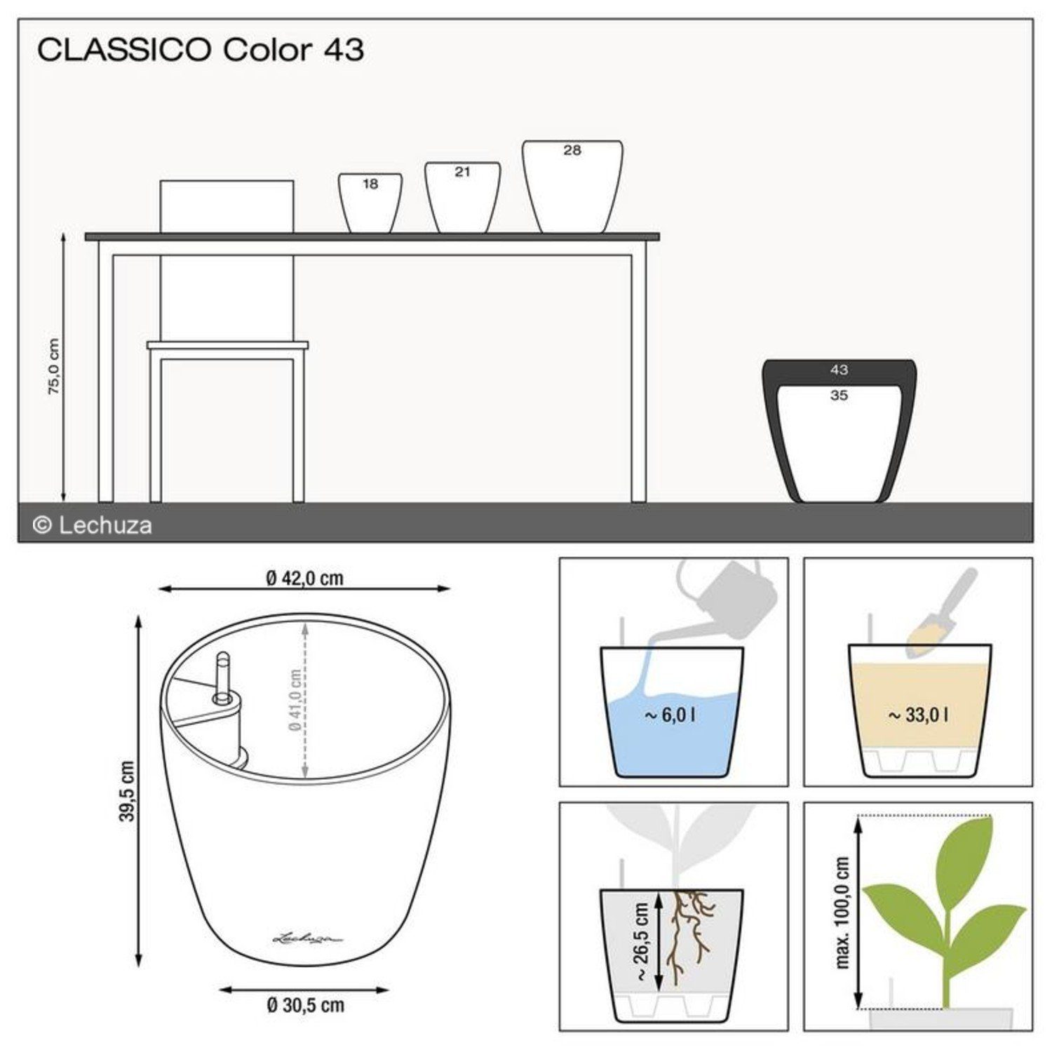 Lechuza® Pflanzkübel Classico Color 43 schiefergrau 13244 (Komplettset)