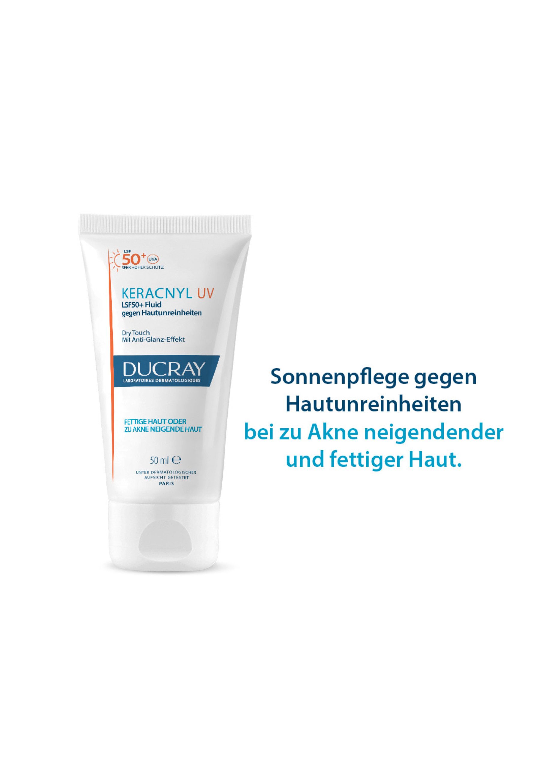 Ducray Gesichtsfluid KERACNYL UV LSF50+ Fluid gegen Hautunreinheiten, bietet einen hochverträglichen & sicheren UVA-/UVB-Sonnenschutz
