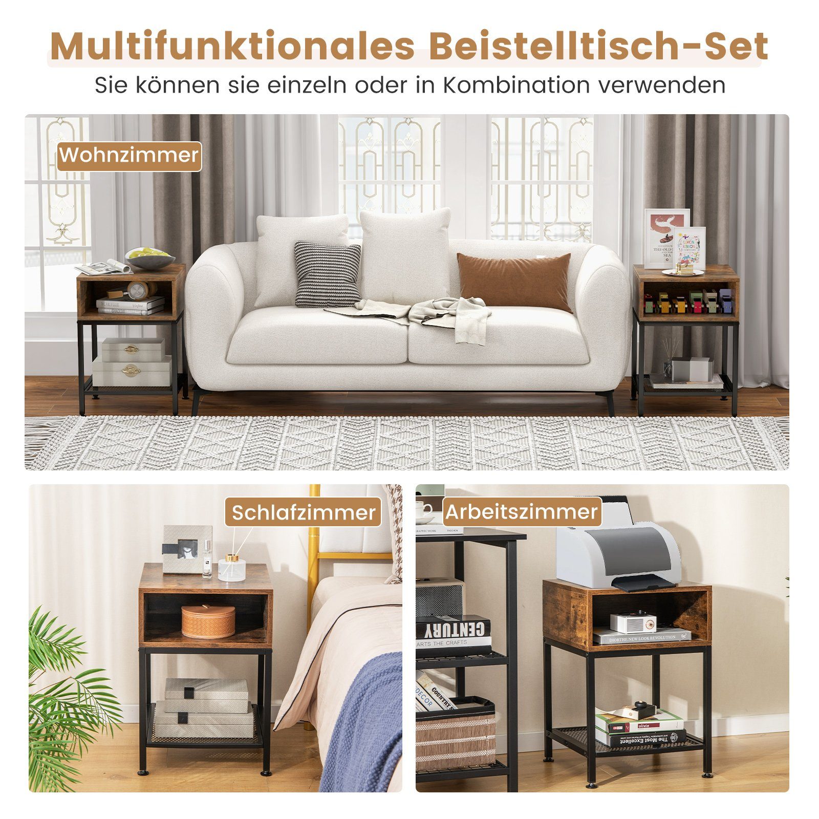 COSTWAY Beistelltisch (1-St), mit Ablagefach & Gitterablage, Metall, 40x40x57,5cm