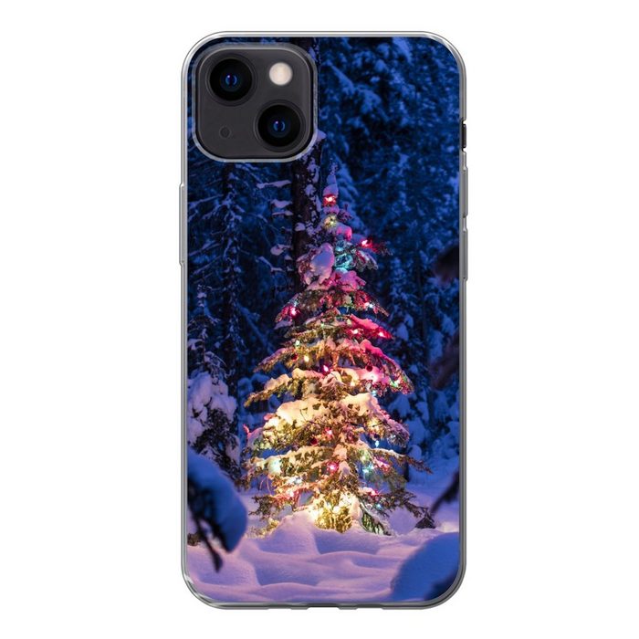 MuchoWow Handyhülle Ein Weihnachtsbaum im verschneiten Wald Handyhülle Apple iPhone 13 Smartphone-Bumper Print Handy