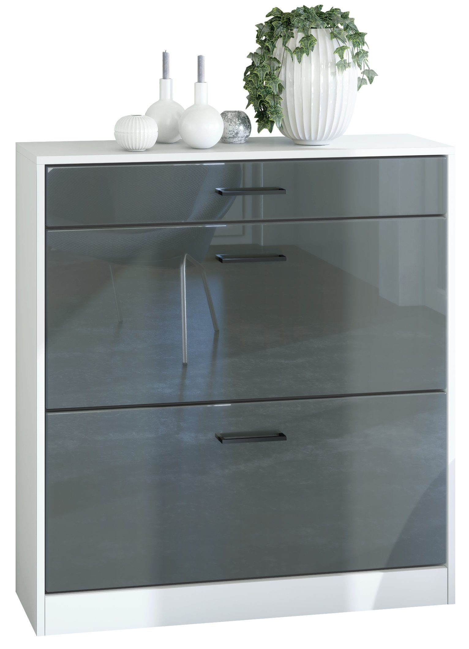 Vladon Schuhschrank Elvas (Schuhkipper, für 16 Paar Schuhe mit 2 Klappen und Schublade) Weiß matt / Grau Hochglanz, (89 x 95,5 x 27 cm)