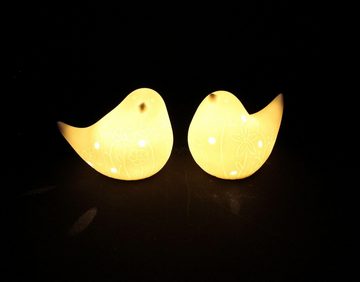 Dekoleidenschaft LED-Dekofigur Vogel "Blumenwiese" aus Porzellan, weiß, mit Beleuchtung, Leuchtdeko (2 St., im Set), Porzellanfigur Frühlingsdeko Porzellanvögel Vogelfiguren Dekoleuchte