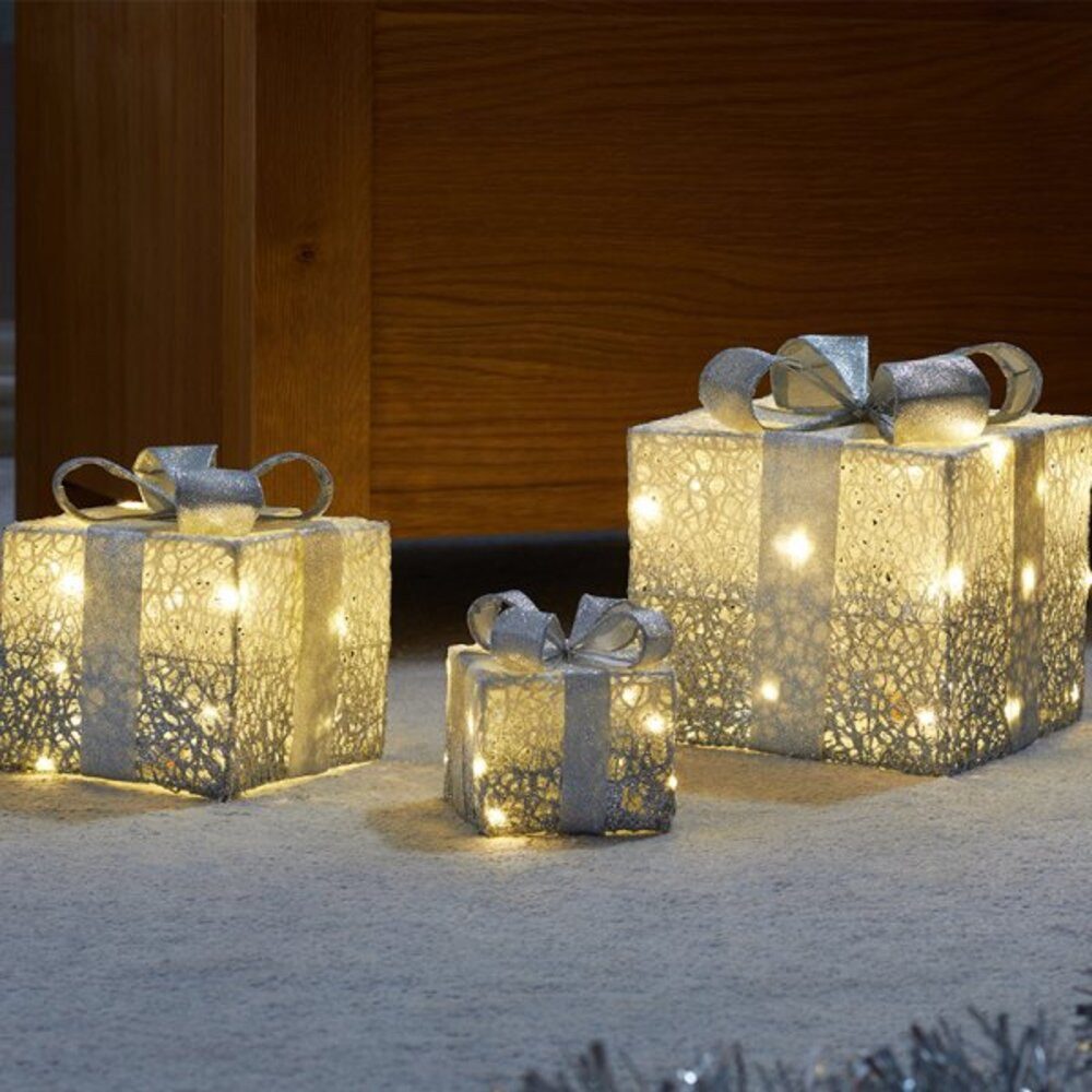 THREE KINGS Weihnachtsszene LED Geschenkboxen Silber in Baumwolloptik (3er-Set)