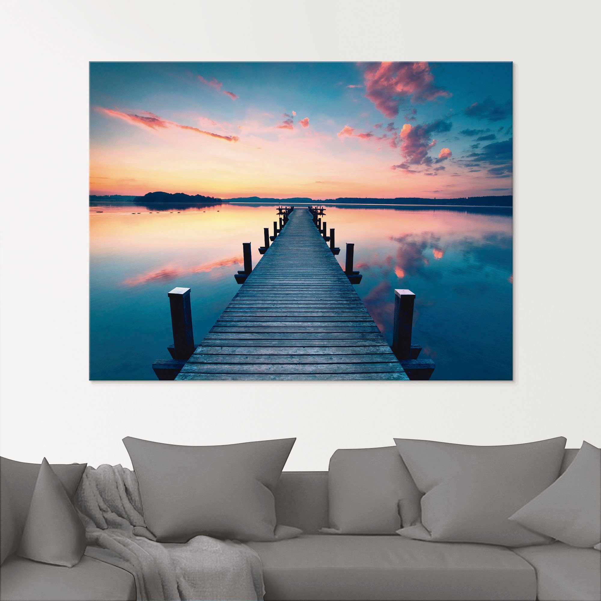 Artland Glasbild Langer Pier am See im Sonnenaufgang, Gewässer (1 St), in verschiedenen Größen