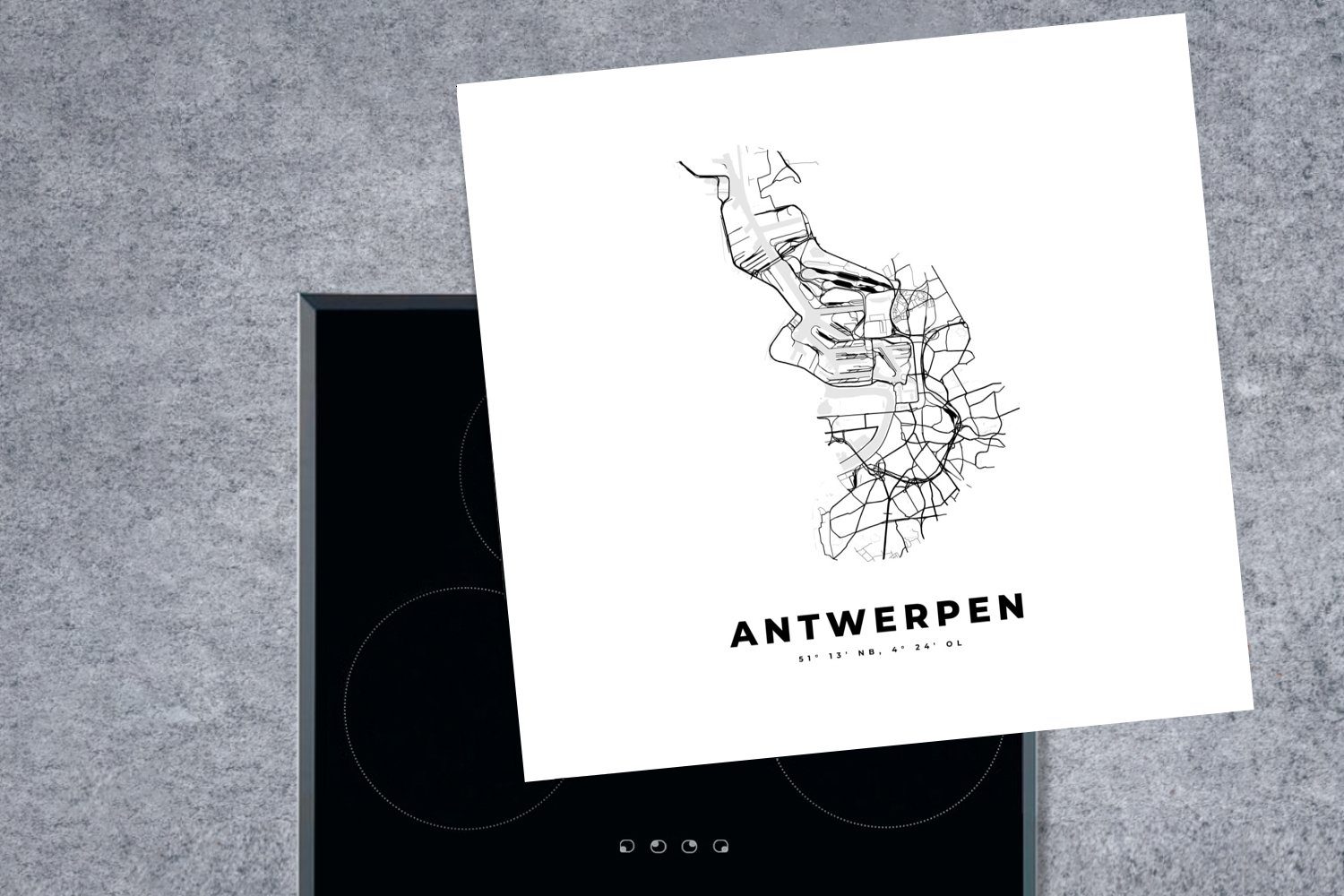 Herdblende-/Abdeckplatte Stadtplan - Antwerpen Karte - Schwarz weiß, cm, (1 - und Ceranfeldabdeckung, Arbeitsplatte Vinyl, Belgien MuchoWow küche tlg), - 78x78 für