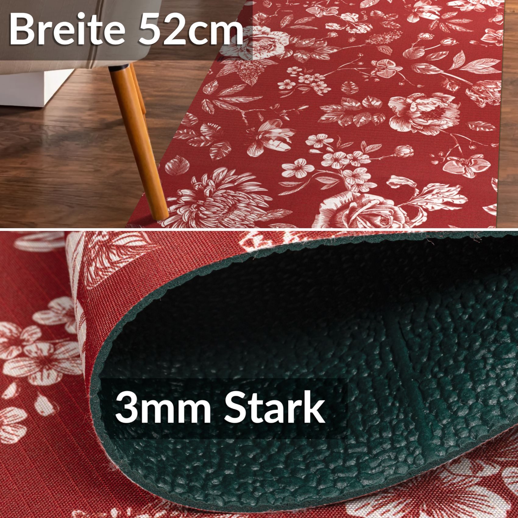 ANRO Küchenläufer RANNA Teppichläufer Bodenmatte Flurläufer Küchenteppich, eckig, Höhe: 3 mm, Meterware rutschfest Landhaus Rot wasserdicht