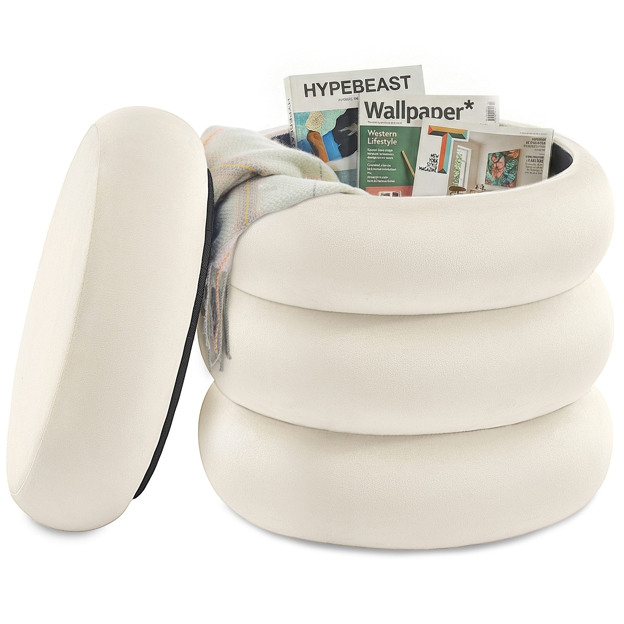 SONGMICS Sitzhocker, Schminktisch-Hocker mit Stauraum, runder Polsterhocker