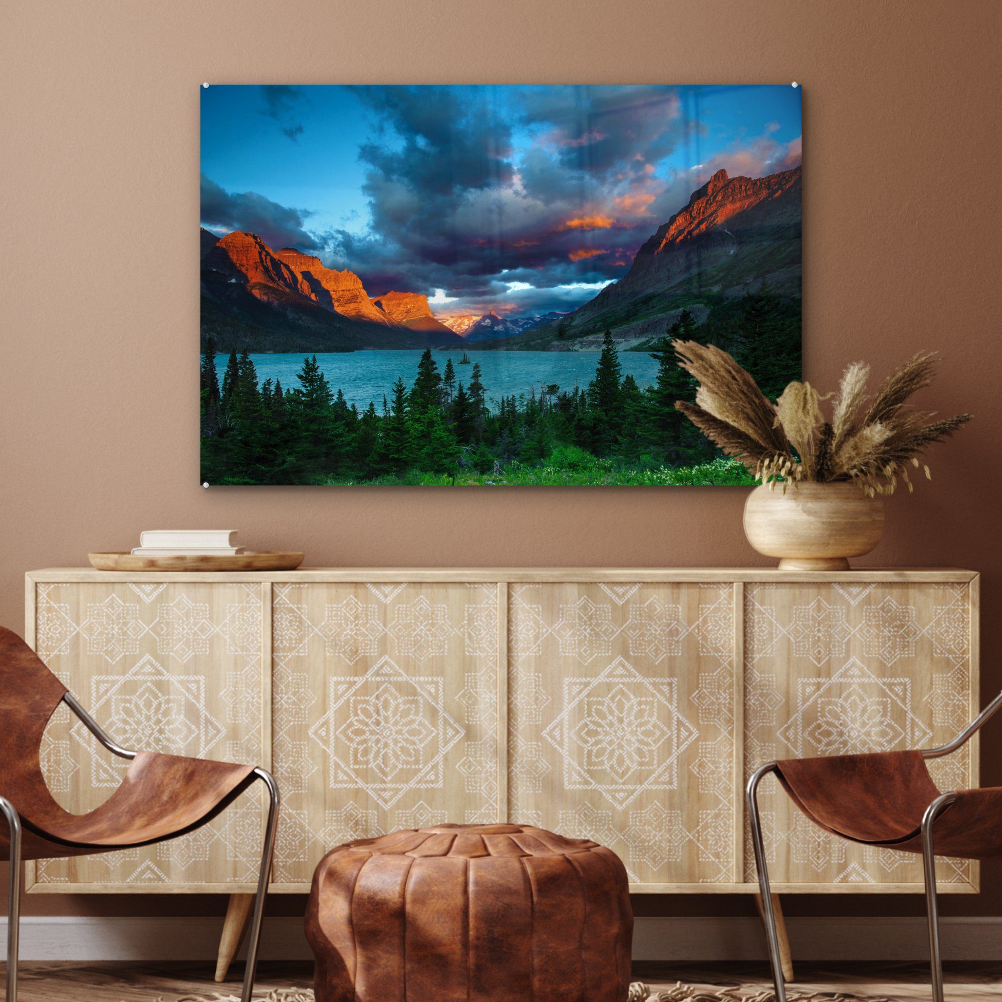 & des Die Schlafzimmer St), Park Amerika, Glacier Acrylglasbild MuchoWow Landschaft farbenfrohe National in (1 Acrylglasbilder Wohnzimmer