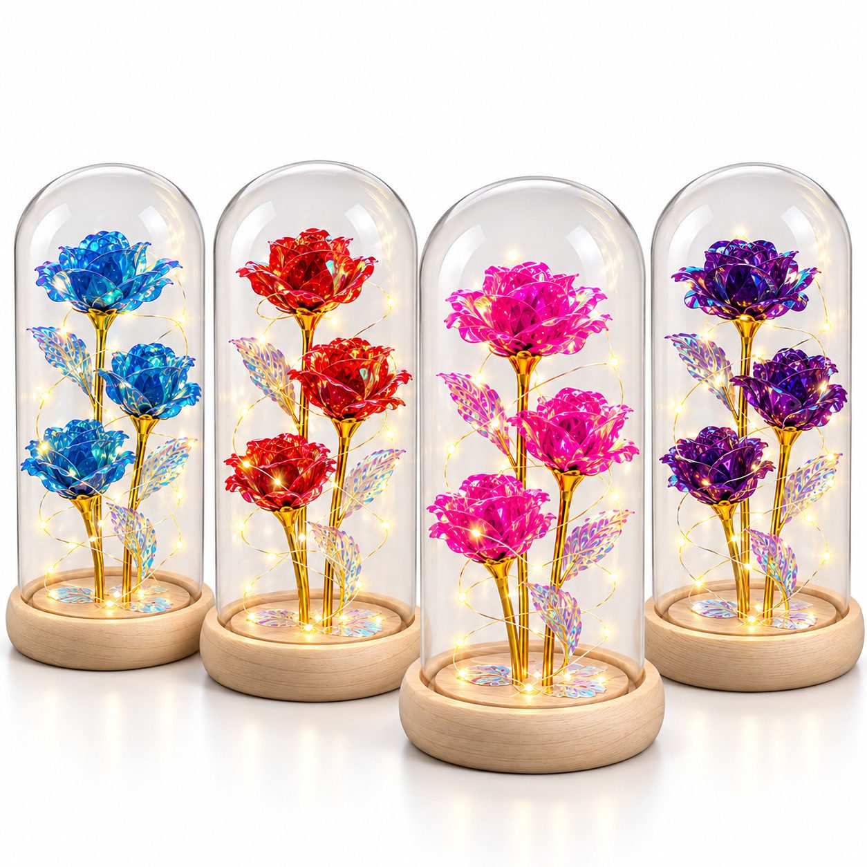 GOLDEN LED Dekofigur Das Biest Rose In Glaskuppel LED-Lichter Kristallrose Blumen Geschenk