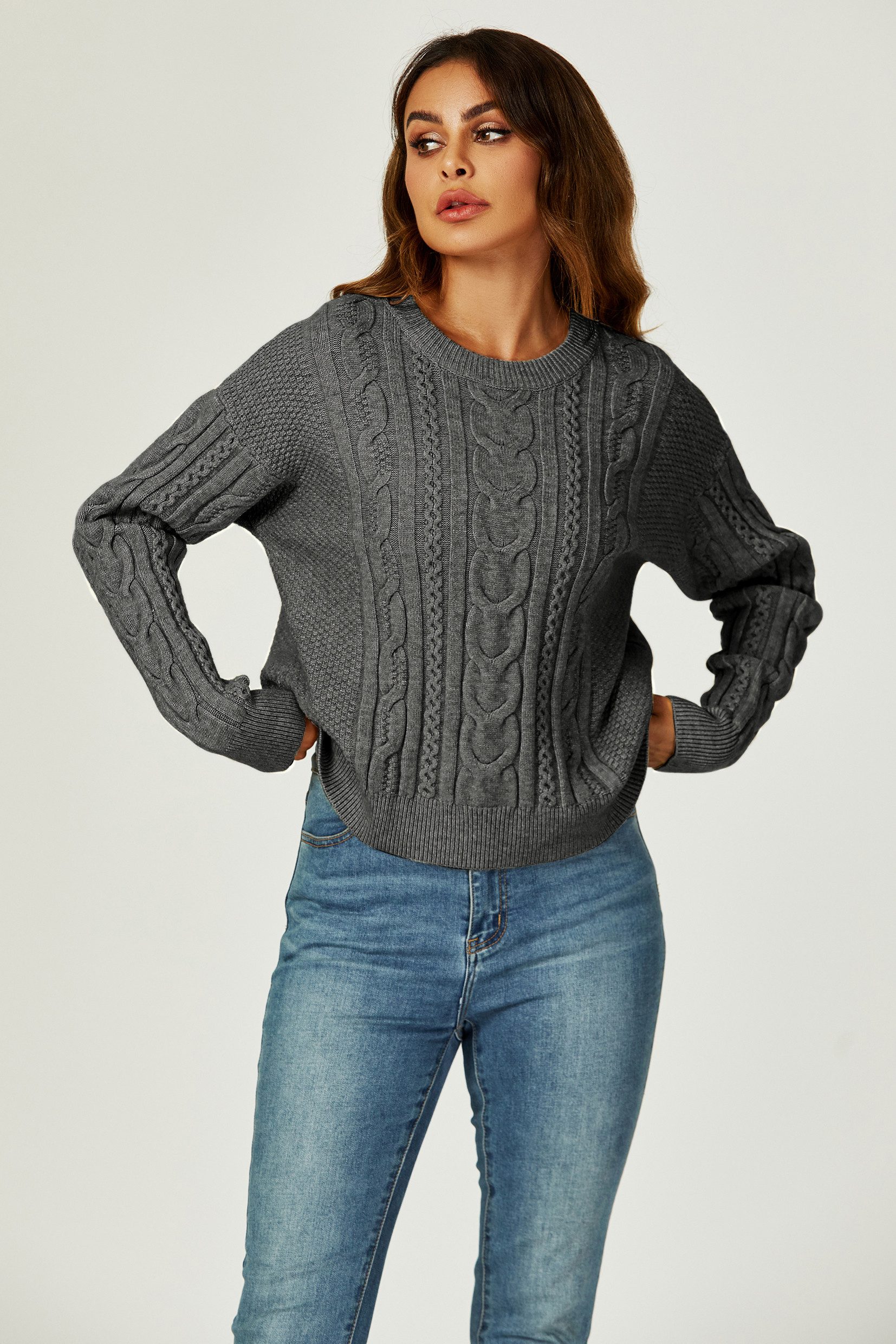 FS Collection Strickpullover Damen Strickpullover Rundhalspullover -Zopfmuster Rundhalsausschnitt (Einheitsgröße: UK 8–16 / EU 36–44, 4 Farben : Schwarz, Dunkelgrau, Rosa und Taupe) 18 % Wolle, 56 % Viskose und 26 % Polyester