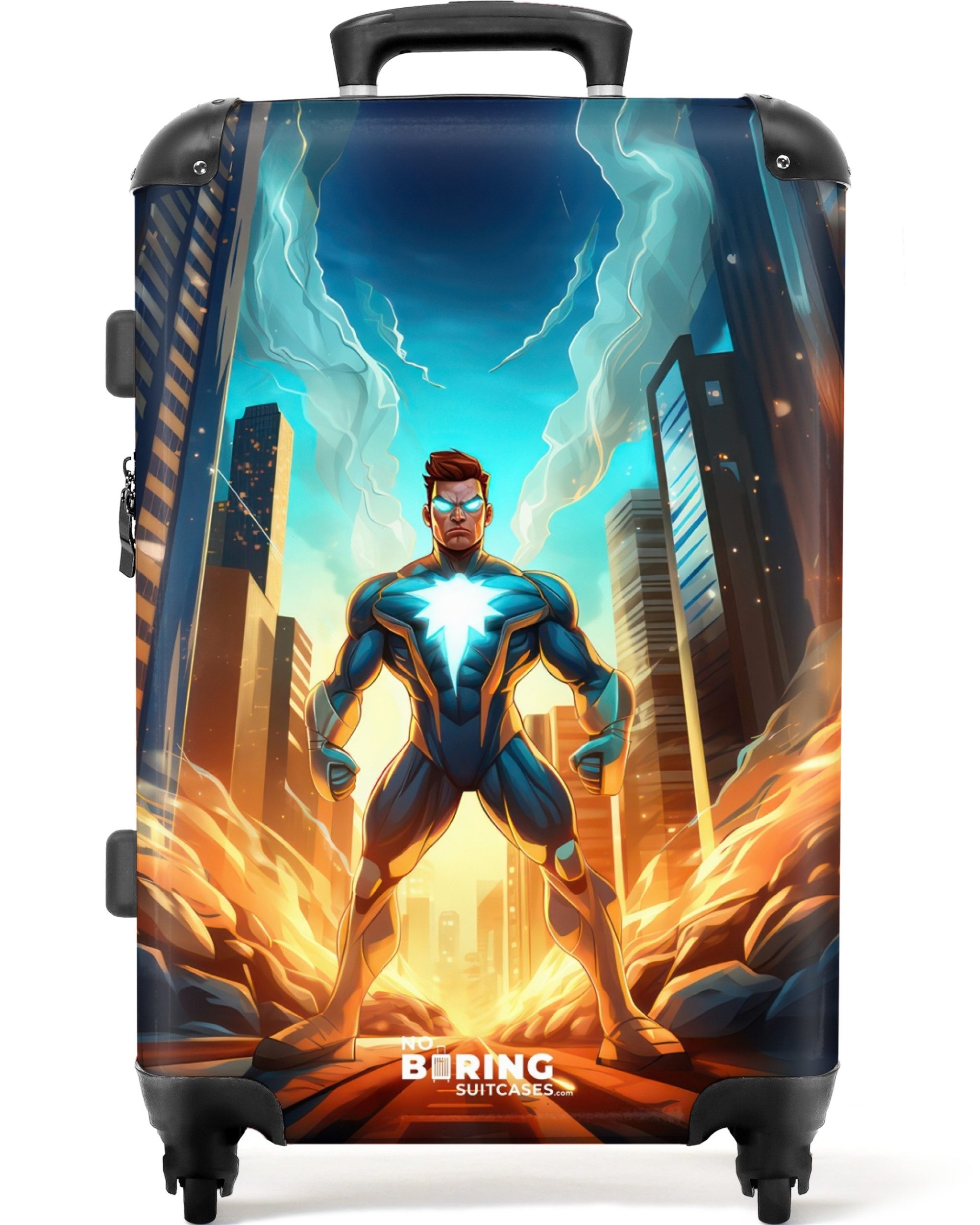 NoBoringSuitcases.com© Kinderkoffer mit leuchtende Räder - Superhelden - Kinder - Jungen 67 cm - 72 L, 4 Rollen, Mittelgroßer Reisetasche mit Rollen für 20kg, Kinderkoffer