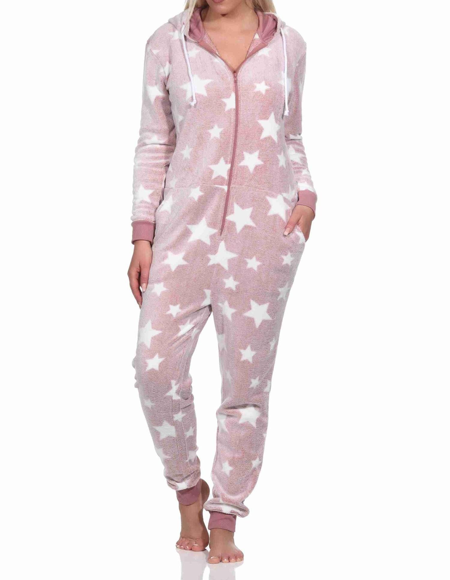 Normann Pyjama Damen Schlafanzug Jumpsuit Overall in Sterneoptik aus Coralfleece