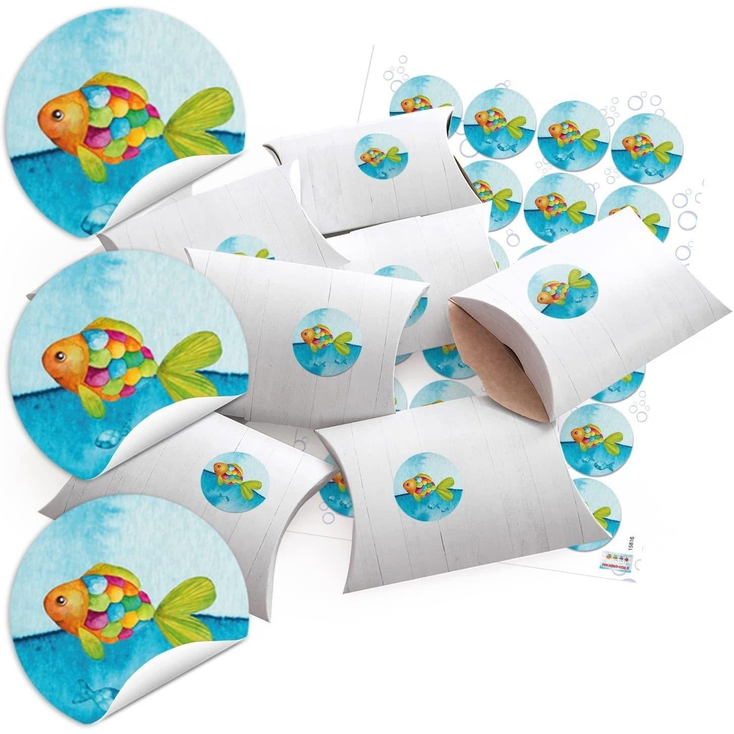 Logbuch-Verlag Aufkleber 10 kleine Boxen Geschenkschachteln blau türkis REGENBOGEN-FISCHE Holz