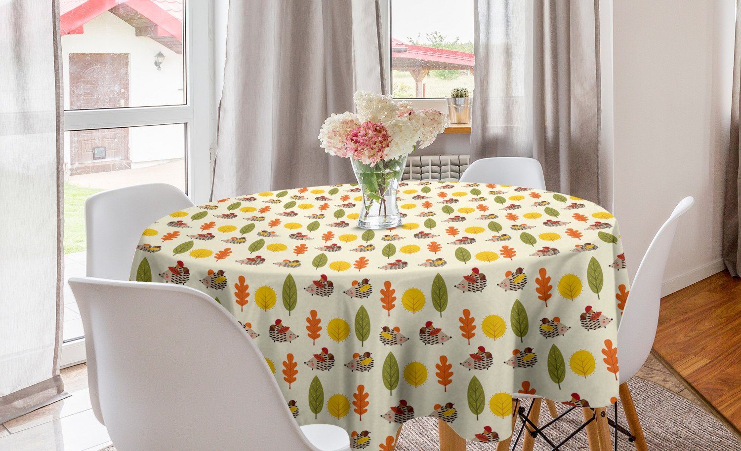 Abakuhaus Tischdecke Kreis Tischdecke Abdeckung für Esszimmer Küche Dekoration, Igel Verschiedene Bäume Tiere