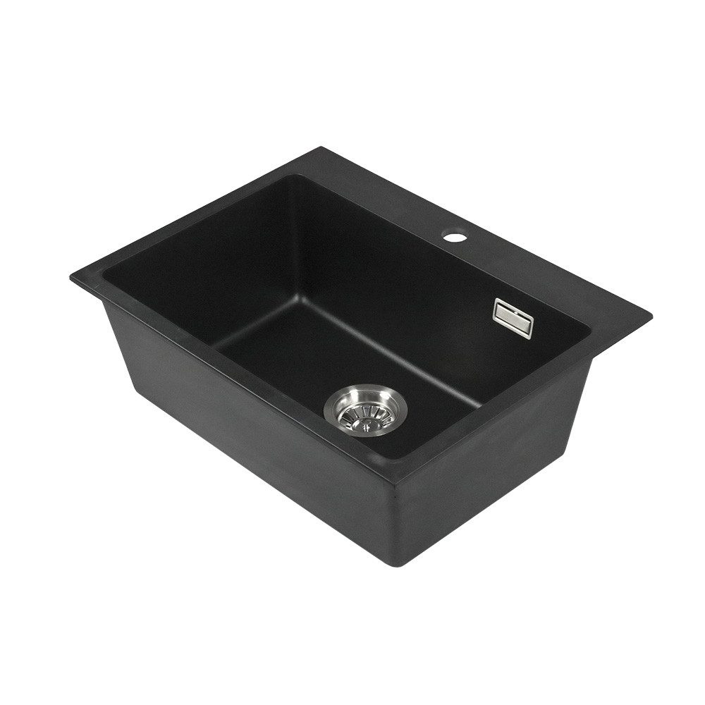 Stabilo Sanitär Einbauspüle Einbauspüle "Kingston" mit Zubehör schwarz Granitoptik, Rechteckig, 60/45 cm, rostfrei und hitzebeständig, (Komplett-Set, 1 St., Edelstahl Ablaufsieb, mit Hahn-Durchführung, Siphon inkl. Zubehör), rostfrei und hitzebeständig