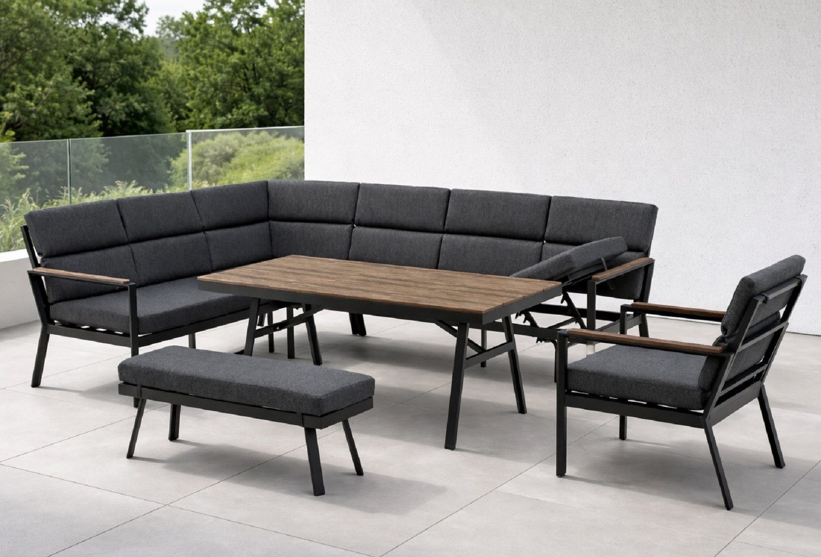 Gardissimo Gartenlounge-Set Nara Oak XL links / Gartenmöbelset / Nonwood Dining Lounge Set, (Set, 4-tlg., Alu, Ecklounge, Esstisch, Sessel, Bank, inkl. Auflagen), Dining Höhe, Liegefunktion, wetterfest