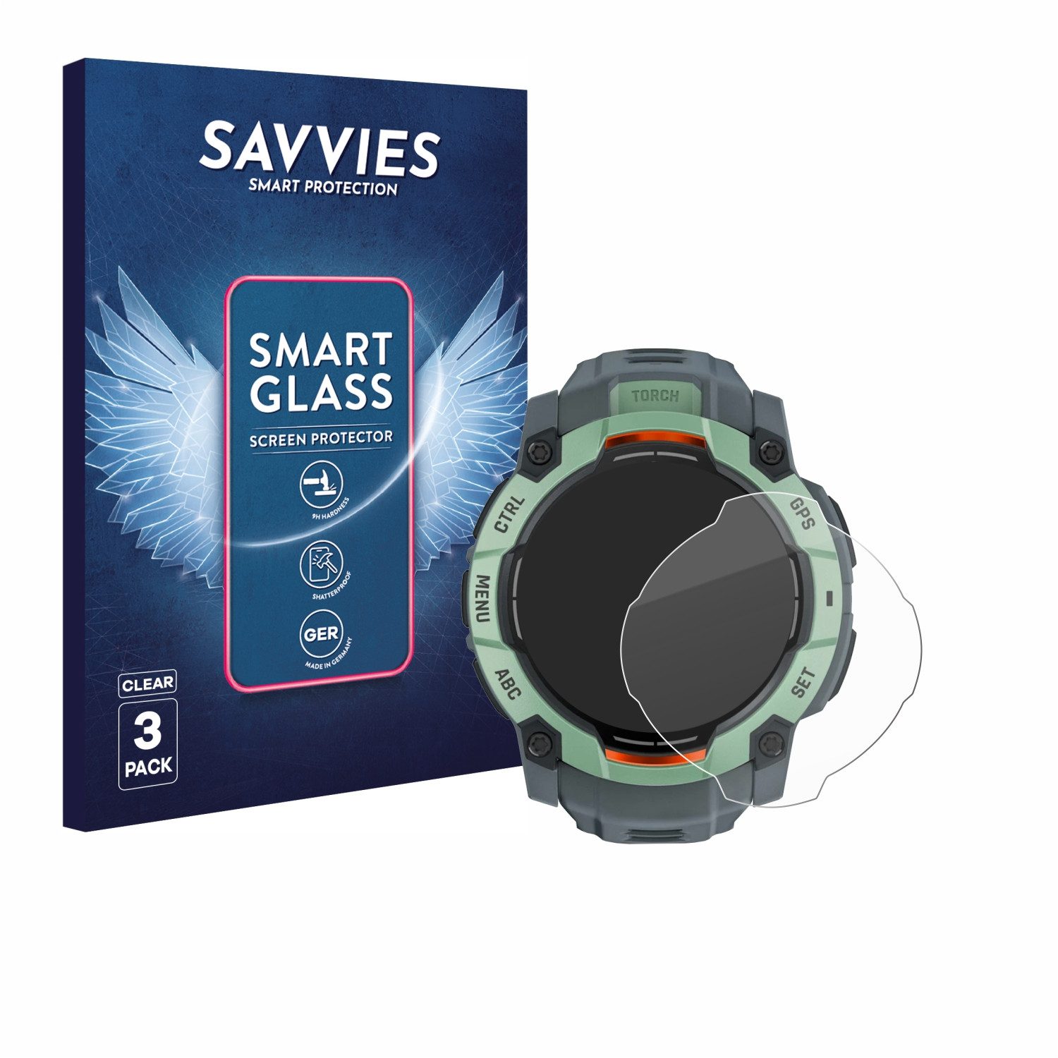 Savvies Displayschutzglas Schutzglas Panzer für Garmin Instinct 3 AMOLED (45 mm), 3 Stück, Schutzfolie Display Schutz Glas Folie klar