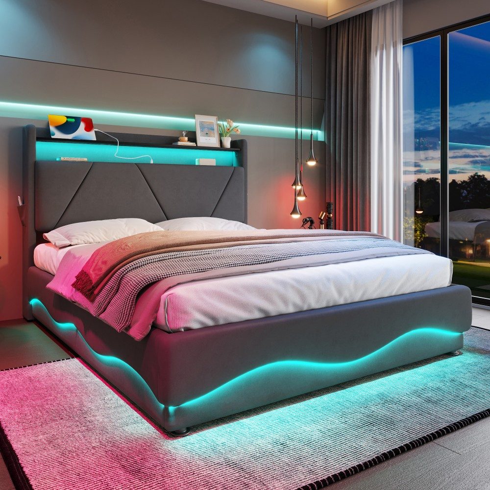 TavilaEcon Boxspringbett Modernes Polsterbett mit Stauraum im Kopfteil und LED-Beleuchtung (1-St), mit Lattenrost, USB- und Type-C-Anschlüsse – Bild 3 von 5