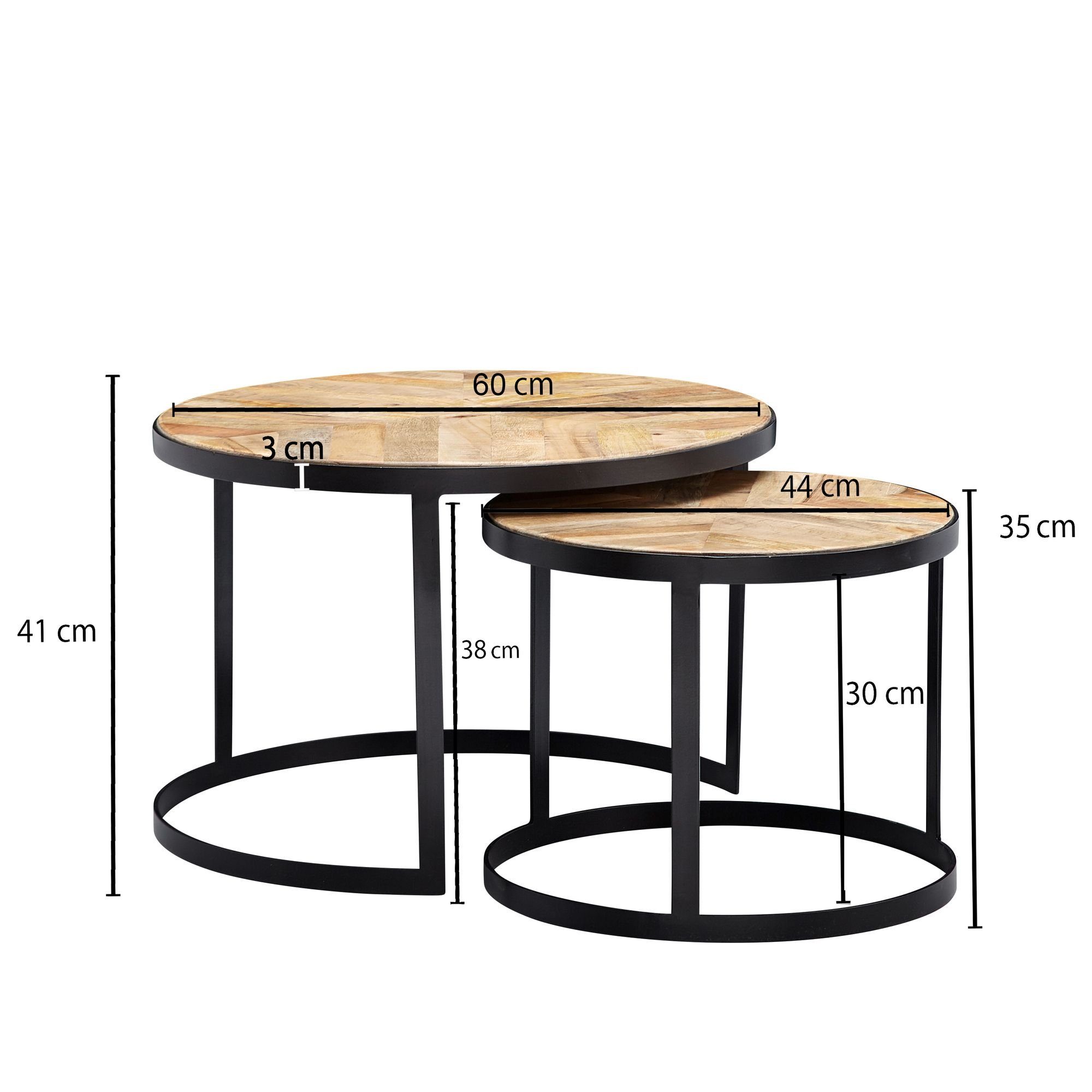 möbelando Couchtisch Couchtisch 2er Set 2er Tischset / Schwarz, Holz Metall Wohnzimmertisch Rund, Industrial Wohnzimmert, Set Satztisch Beistelltisch Couchtisch Metall Metallbeine mit Massivholz Massivholz / 2-teilig