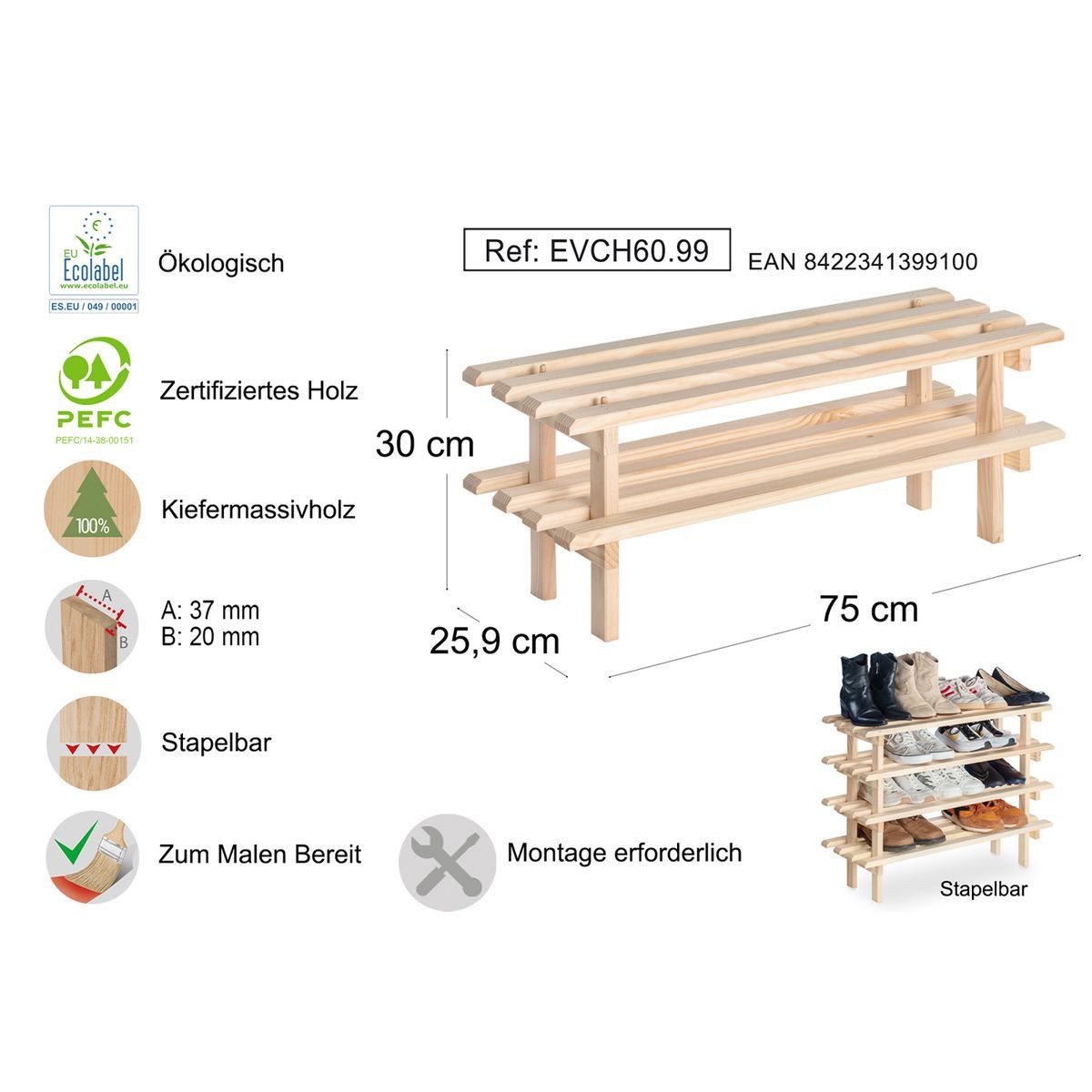 Astigarraga Kit Line Schuhschrank Evolution Schuhregal Schuhablage Holzregal Schuhschrank stapelbar, erweiterbar und platzsparend