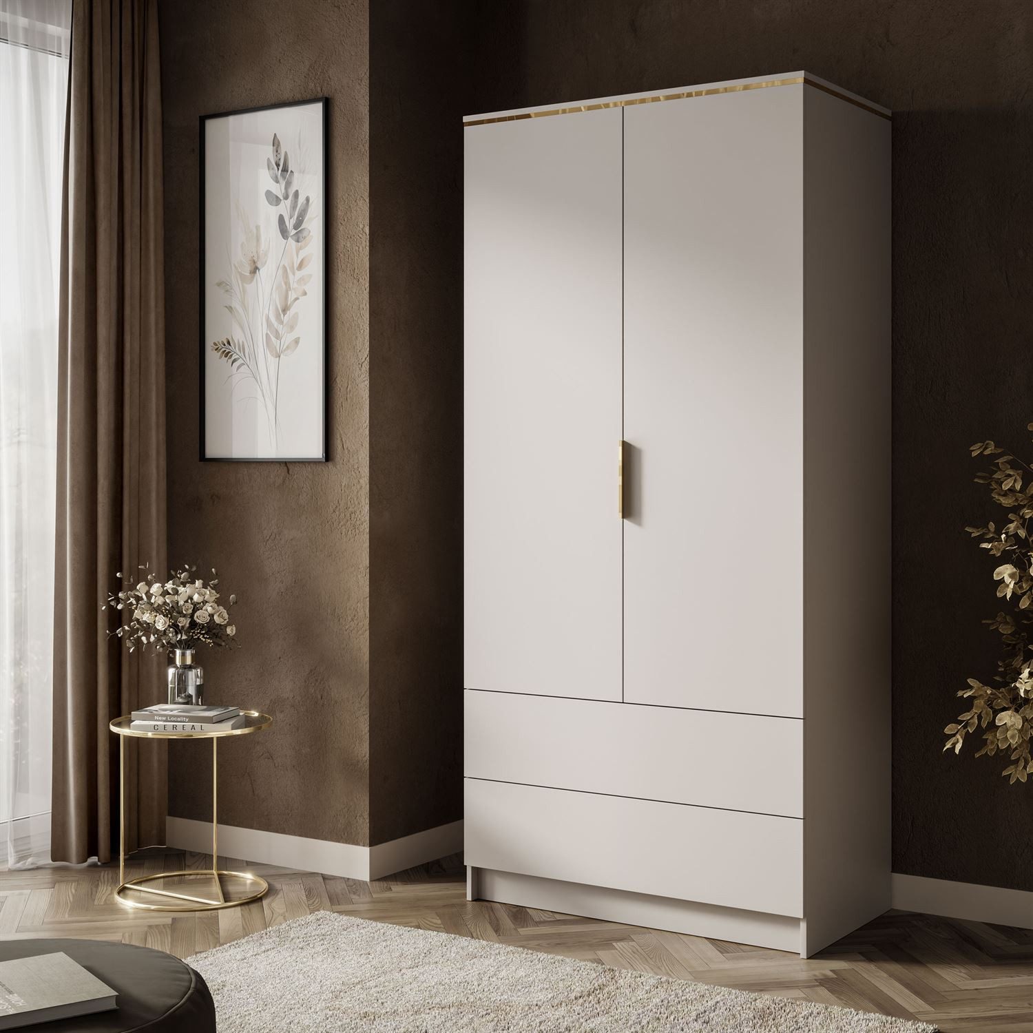 Lookway Kleiderschrank AURORA KASCHMIR 2D2S Drehtürenschrank mit Schubladen (Kleiderschrank mit stilvoller Umrandung in Goldoptik) 100x210x57
