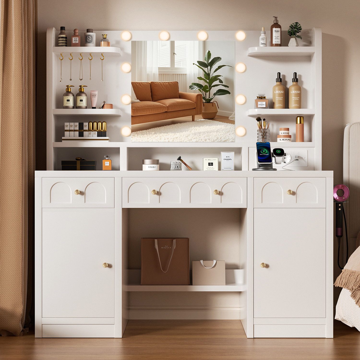 Lexzurn Schminktisch Schminktisch mit LED-Beleuchtung, großem hochauflösendem Spiegel (mit Steckdose und USB-Ports,10 offene Fächer,3 Schubladen, 2 Schränke,5 Schmuckhaken,10 LED-Leuchten, 3 Lichtfarben), Maße: 107 × 40 × 140 cm. Leise laufende Schienen, Kippschutz.