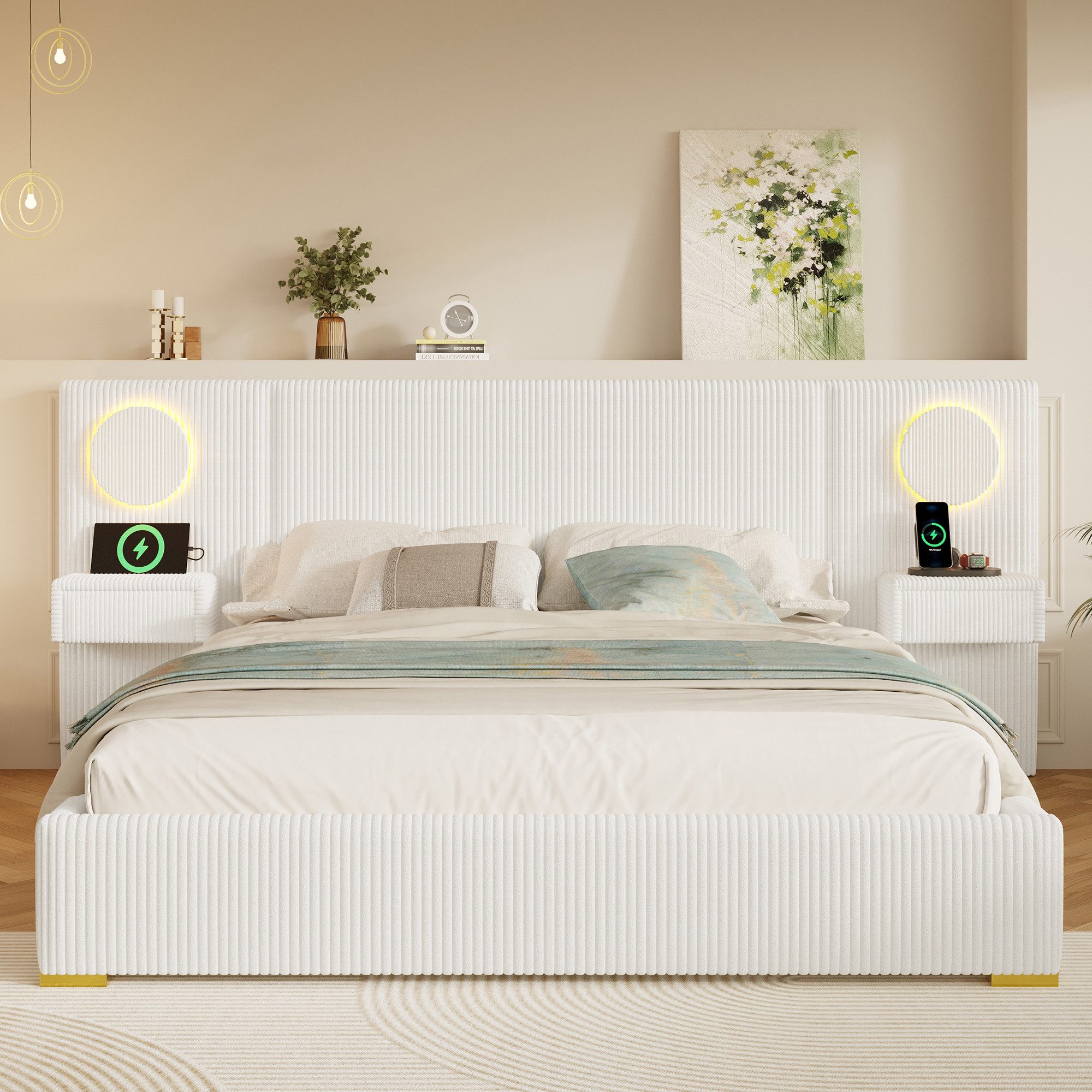 Flieks Polsterbett, Doppelbett 180x200cm mit LED-Licht, USB-Anschlüssen, 2 Nachttische