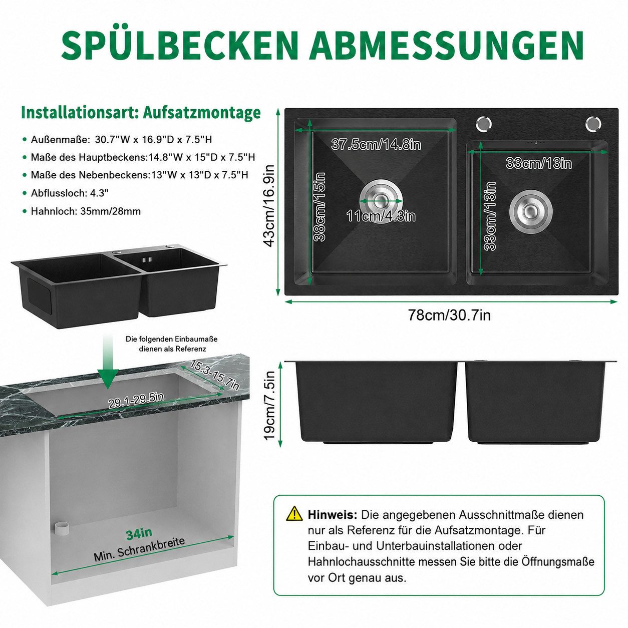 Rutaqian Einbauspüle Einbauspüle Doppelbecken aus 304 Edelstahl mit Nano-Beschichtung, Flächenbündiger Einbau, 78x43 cm Küchenspüle mit Schallschutz und X-Ablaufsystem