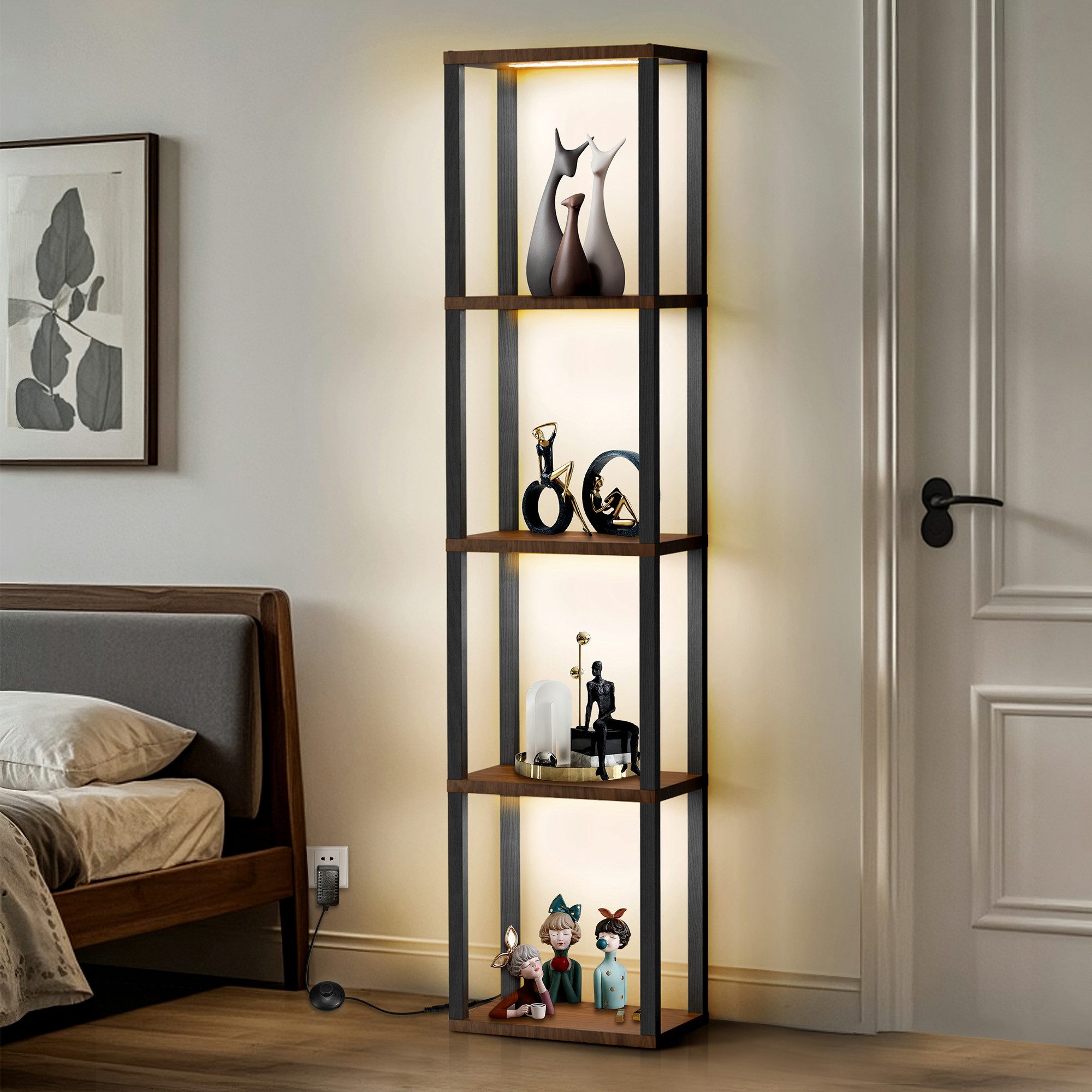 XIIW Stauraumvitrine 5 Etagen LED Standvitrine Standregal Bücherregal Vitrine 38×27×164 cm (Vitrinenschrank mit MDF-Regalen, Fußschalter und Fernbedienung) für  – Bild 5 von 5